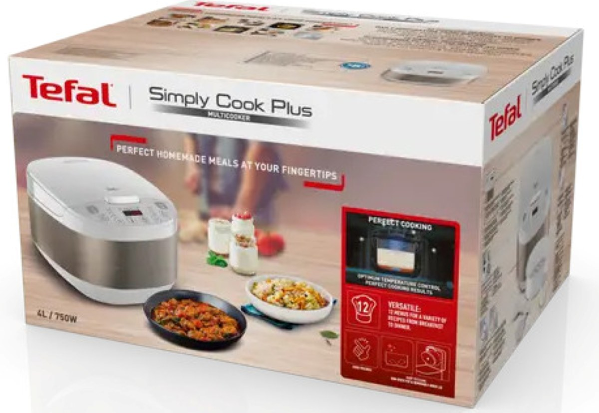 Pudełko z obrazem maszynki do ryżu, pokazujące produkt i dania.