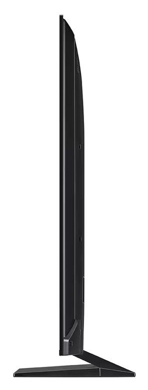 Widok z boku czarnego telewizora na białym tle. Telewizor ma minimalistyczny design.