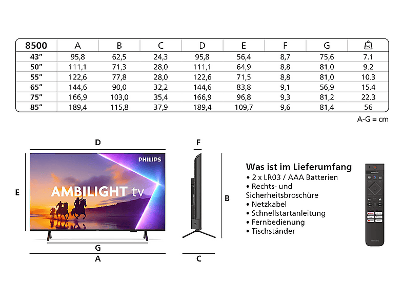 PHILIPS 85PUS8500 LED Ambilight TV (Flat, 85 Zoll / 215 cm, UHD 4K, SMART TV, Ambilight)