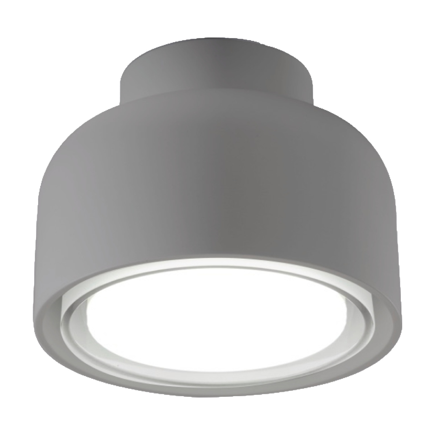Lampada da soffitto grigia, che emette luce verso il basso, con un anello interno bianco. Vista prospettica.
