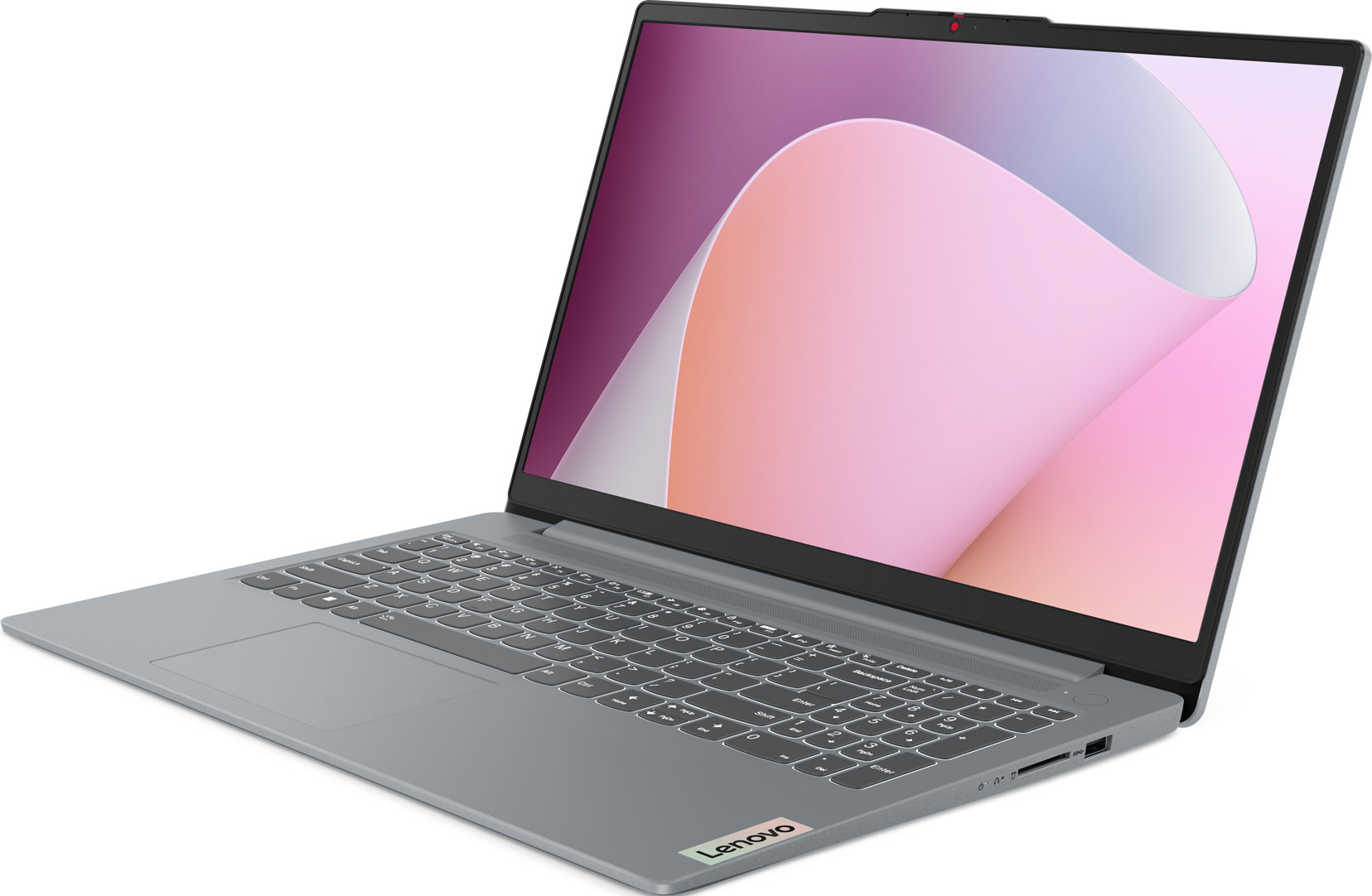 Silberner Lenovo-Laptop, Bildschirm offen mit rosa und weißer abstrakter Kunst, Tastatur sichtbar, Logo unten rechts, schwarzer Hintergrund.