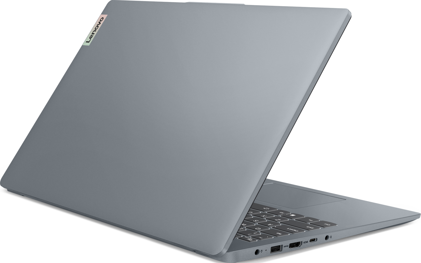 Silberner Lenovo-Laptop, Rückansicht, zeigt den Deckel, teilweise geöffnet, Tastatur sichtbar, Lenovo-Logo, schwarzer Hintergrund.