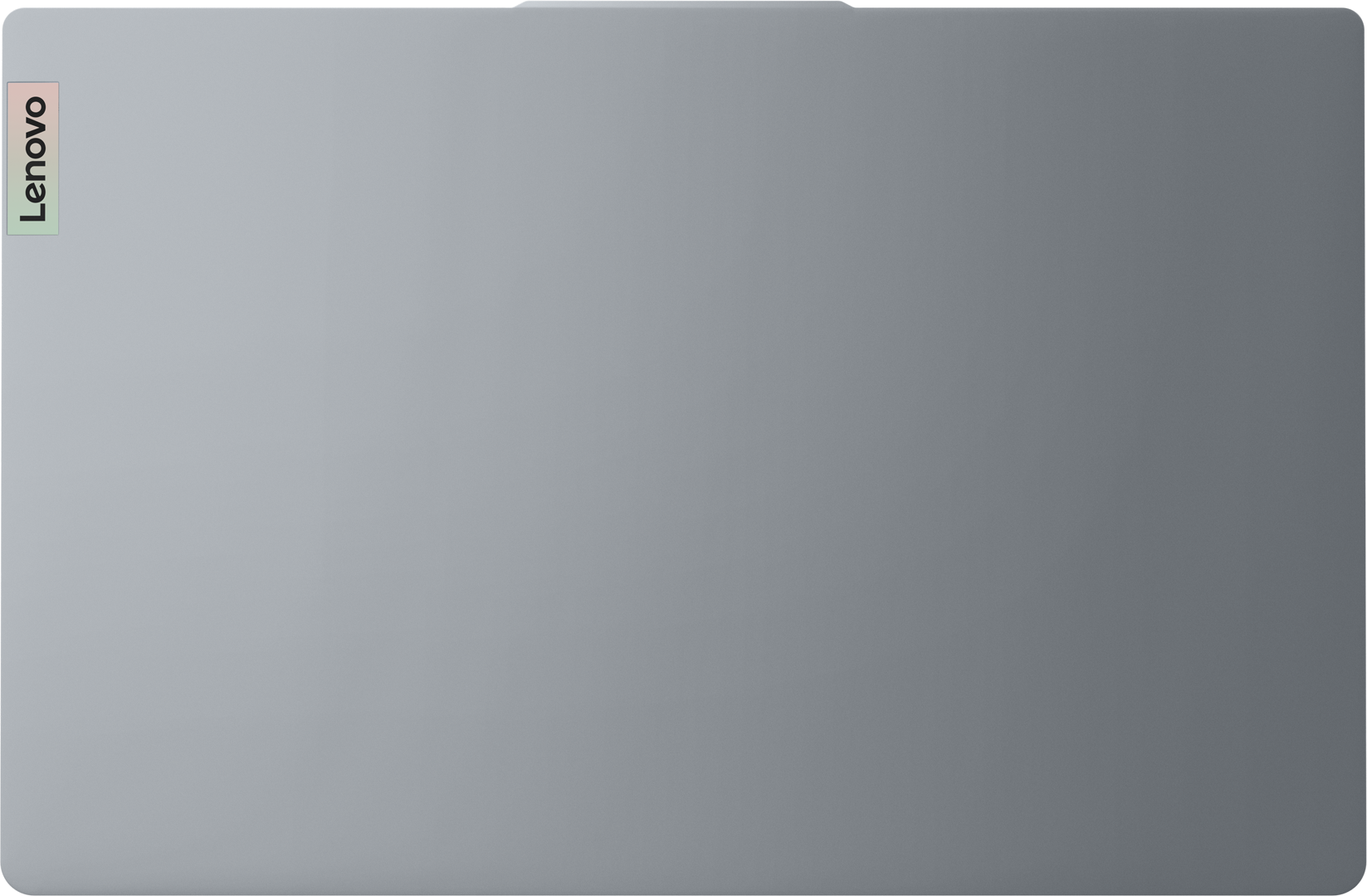 Draufsicht auf silbernen Lenovo-Laptopdeckel mit Lenovo-Logo, schwarzer Hintergrund.