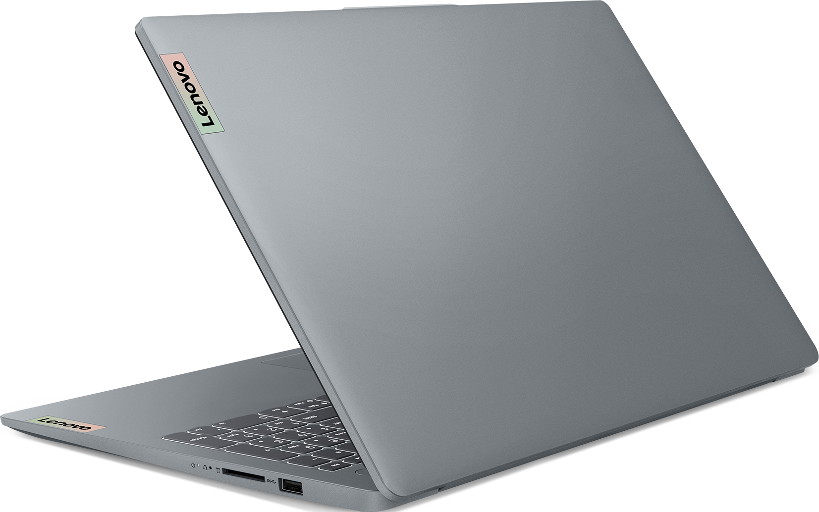 Silberner Lenovo-Laptop, Rückansicht, teilweise geöffnet, Tastatur sichtbar, Lenovo-Logo, schwarzer Hintergrund.