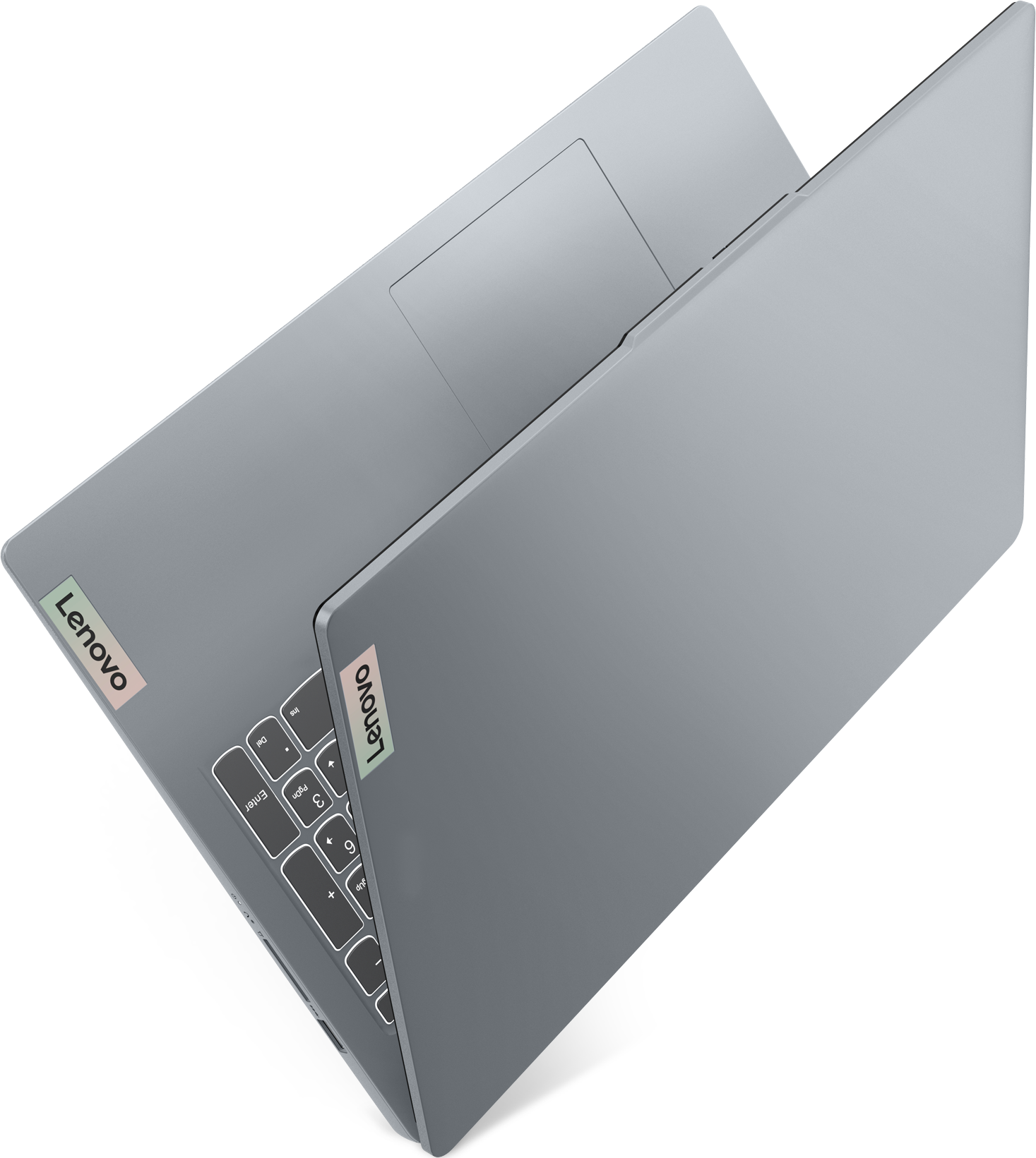 Silberner Lenovo-Laptop, Draufsicht, geöffnet, Tastatur sichtbar, Lenovo-Logo, schwarzer Hintergrund.