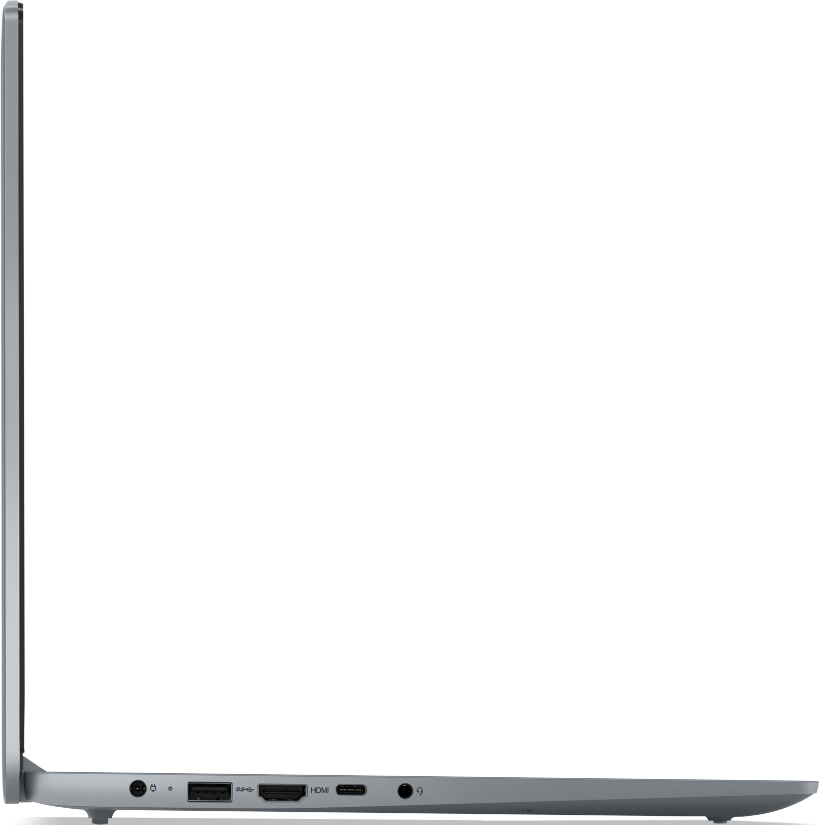 Seitenansicht des silbernen Lenovo-Laptops, zeigt Anschlüsse und Dicke, vor schwarzem Hintergrund.