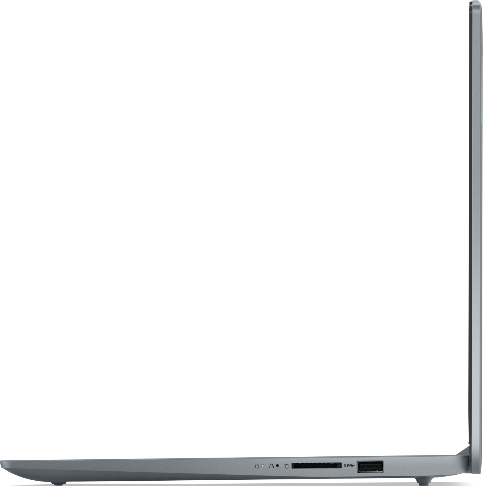 Seitenansicht des silbernen Lenovo-Laptops, zeigt Anschlüsse und Dicke, vor schwarzem Hintergrund.