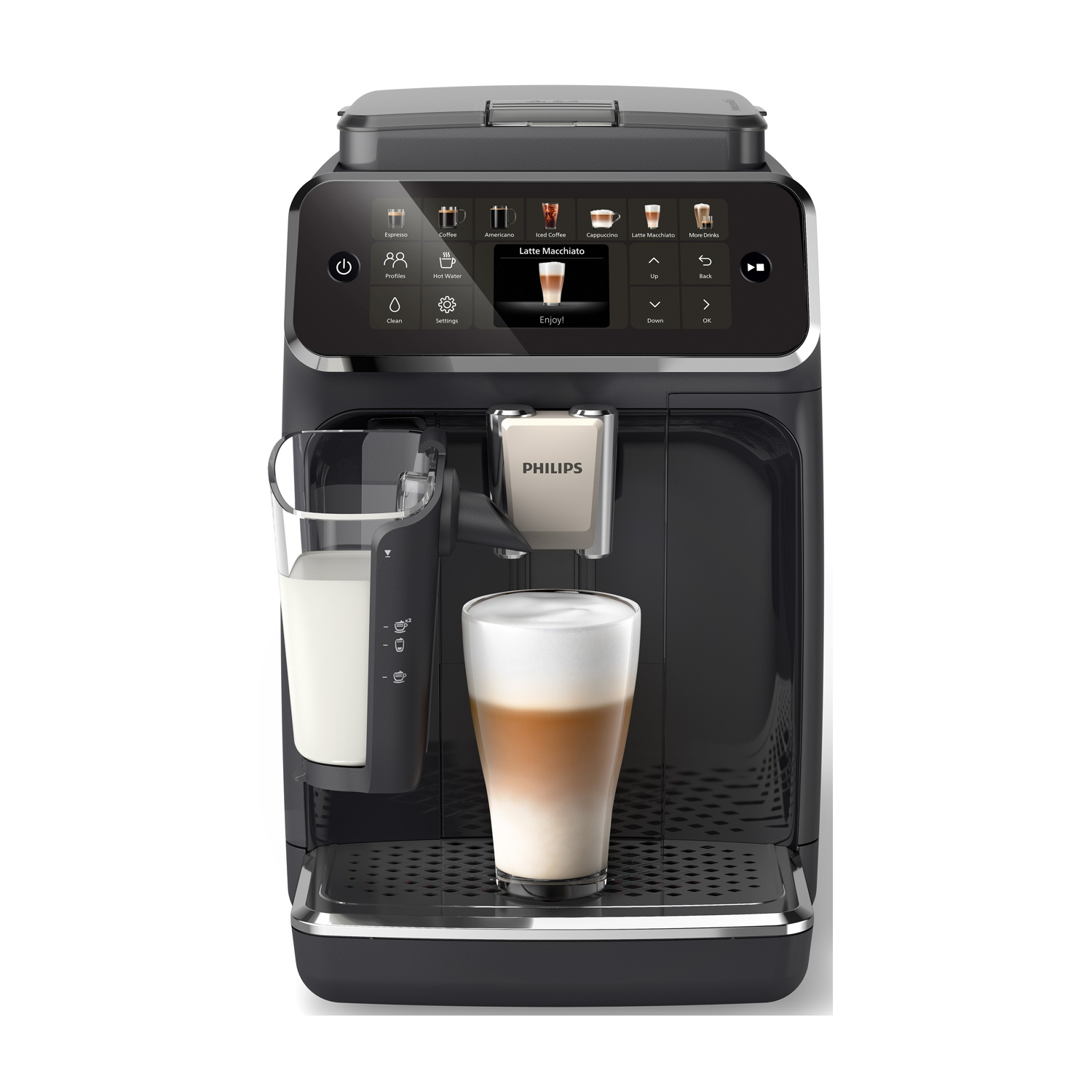 Macchina da caffè Philips nera con Latte Macchiato in preparazione. Il display mostra la selezione delle bevande.