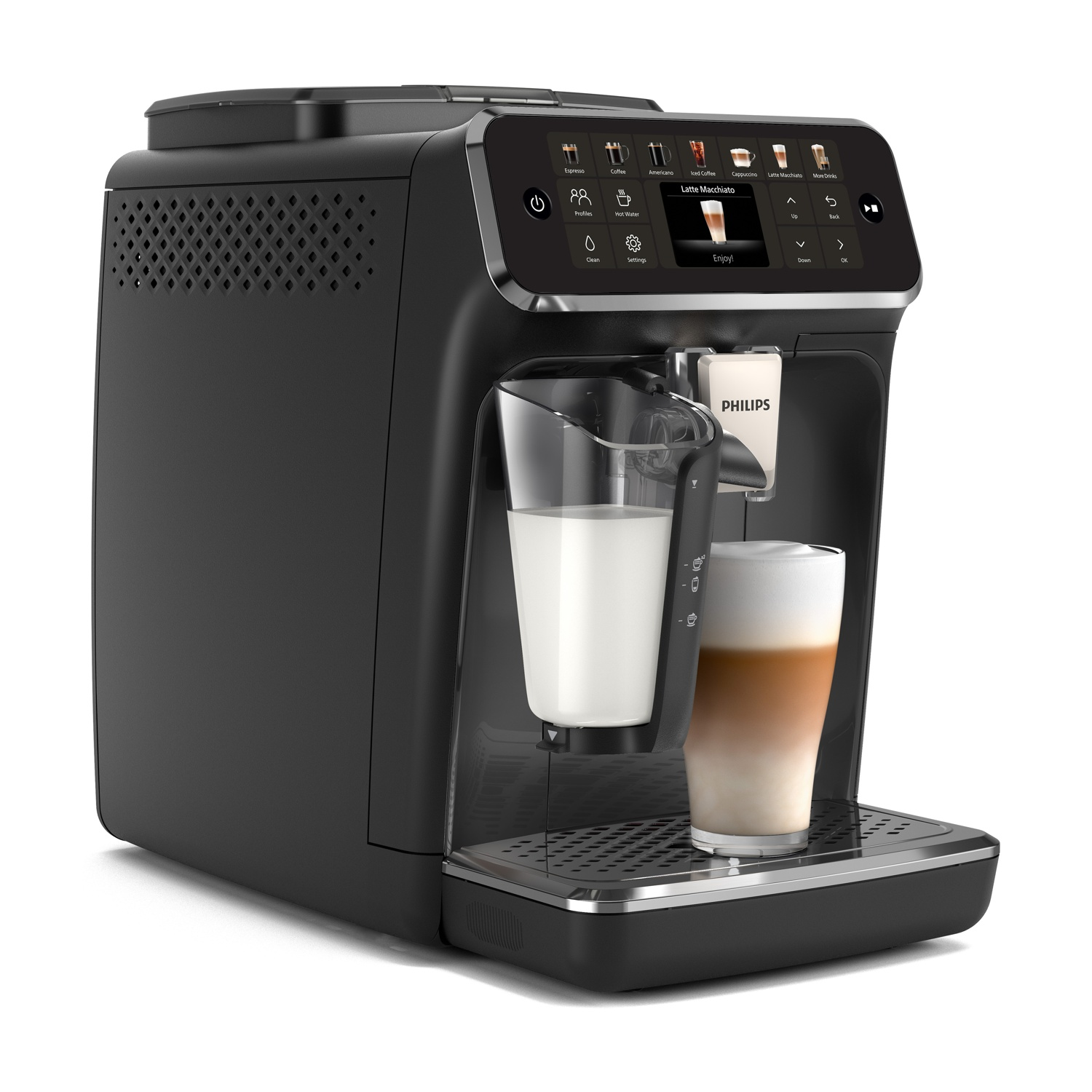 Una macchina da caffè Philips nera che prepara un latte macchiato. Il contenitore del latte è visibile.