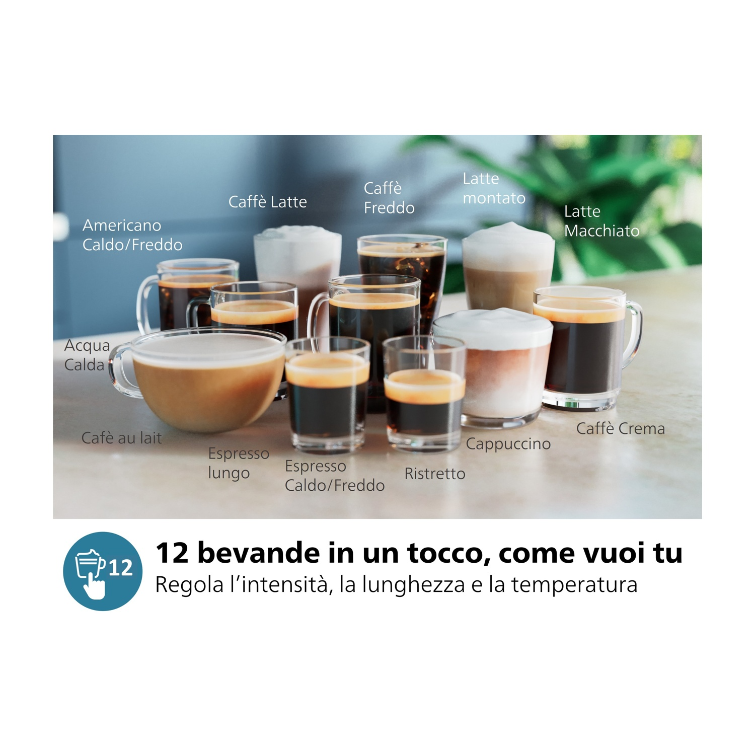 Vengono presentate varie bevande al caffè con i loro nomi. Testo in italiano: 12 bevande con un tocco.