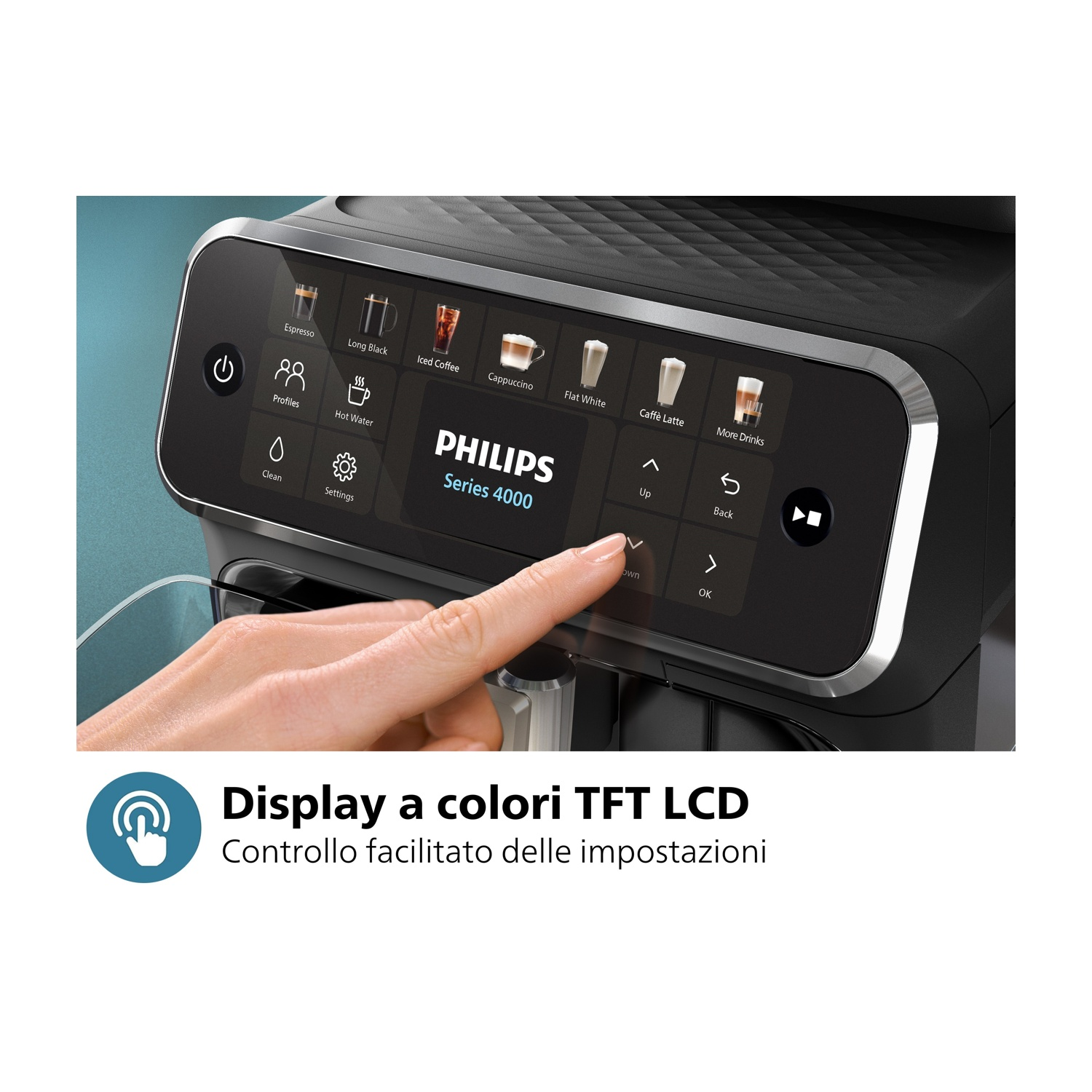 Una mano tocca lo schermo di una macchina da caffè Philips. Il display mostra le opzioni di bevande. Testo: Display LCD TFT a colori.