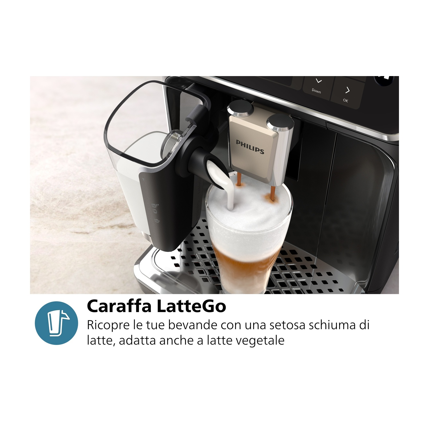 Macchina da caffè Philips con caraffa LatteGo. Produce schiuma di latte per bevande a base di latte.