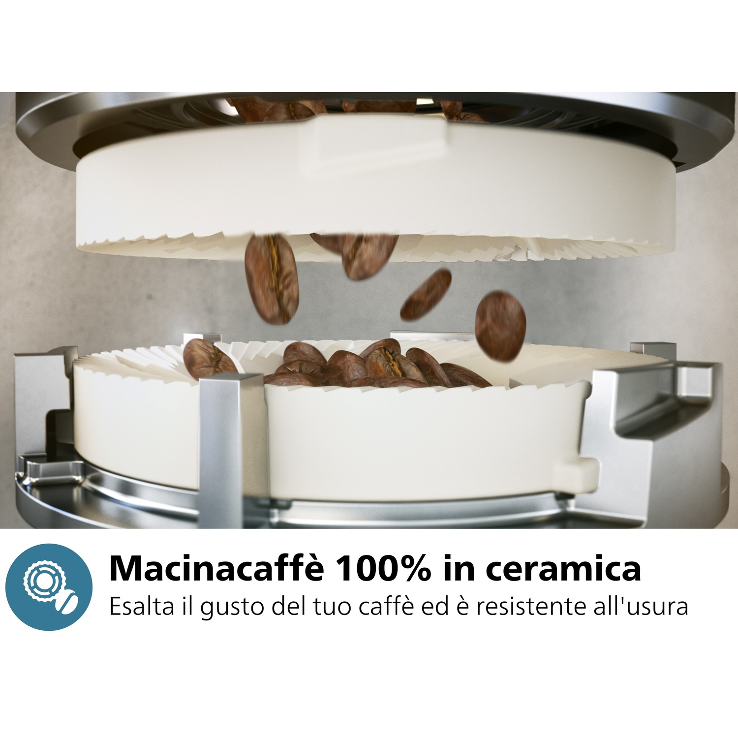 Chicchi di caffè nel macinacaffè. Testo: "Macinacaffè 100% in ceramica".