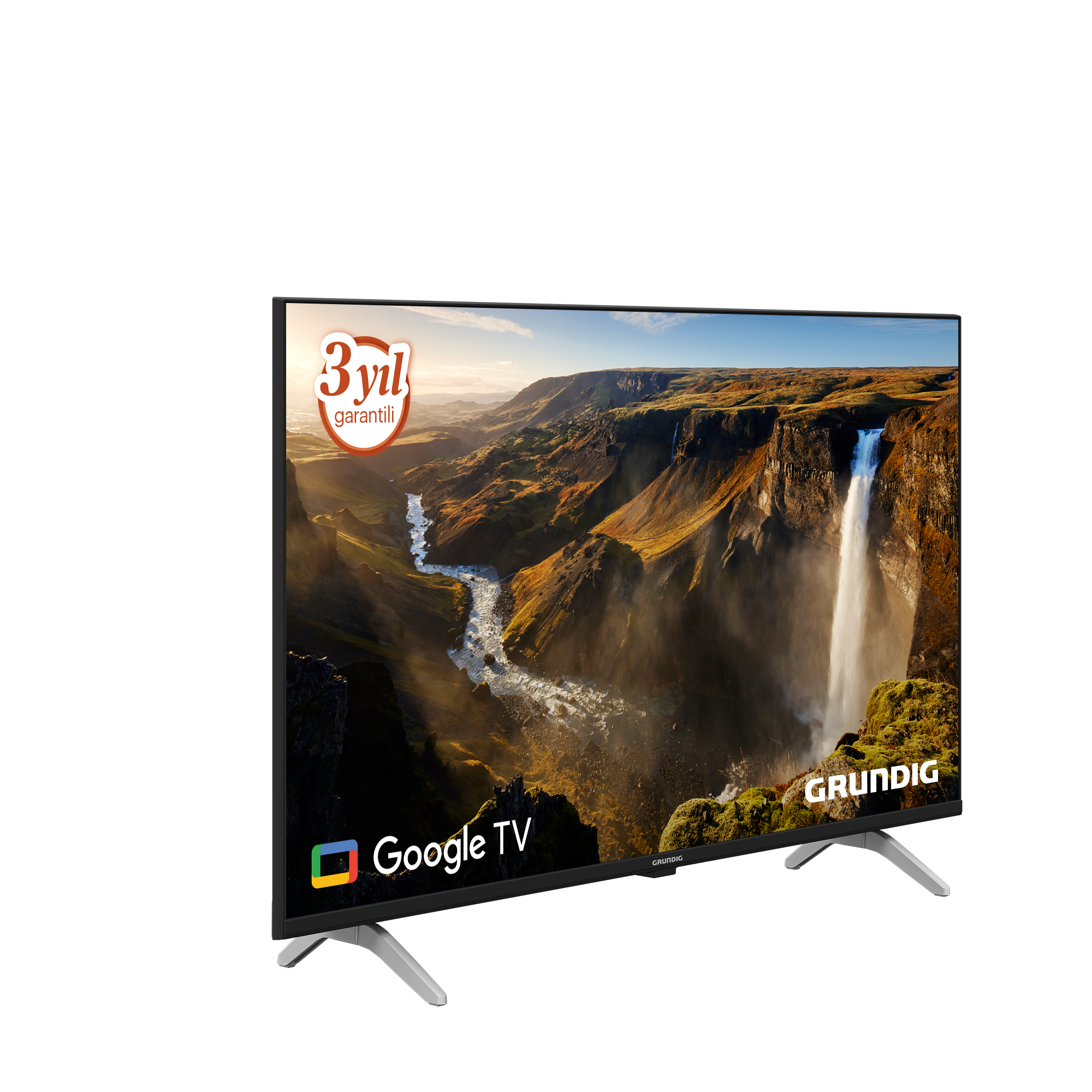 TV, şelale manzarası görüntülüyor. Grundig logosu TV'de. Ekran siyah.