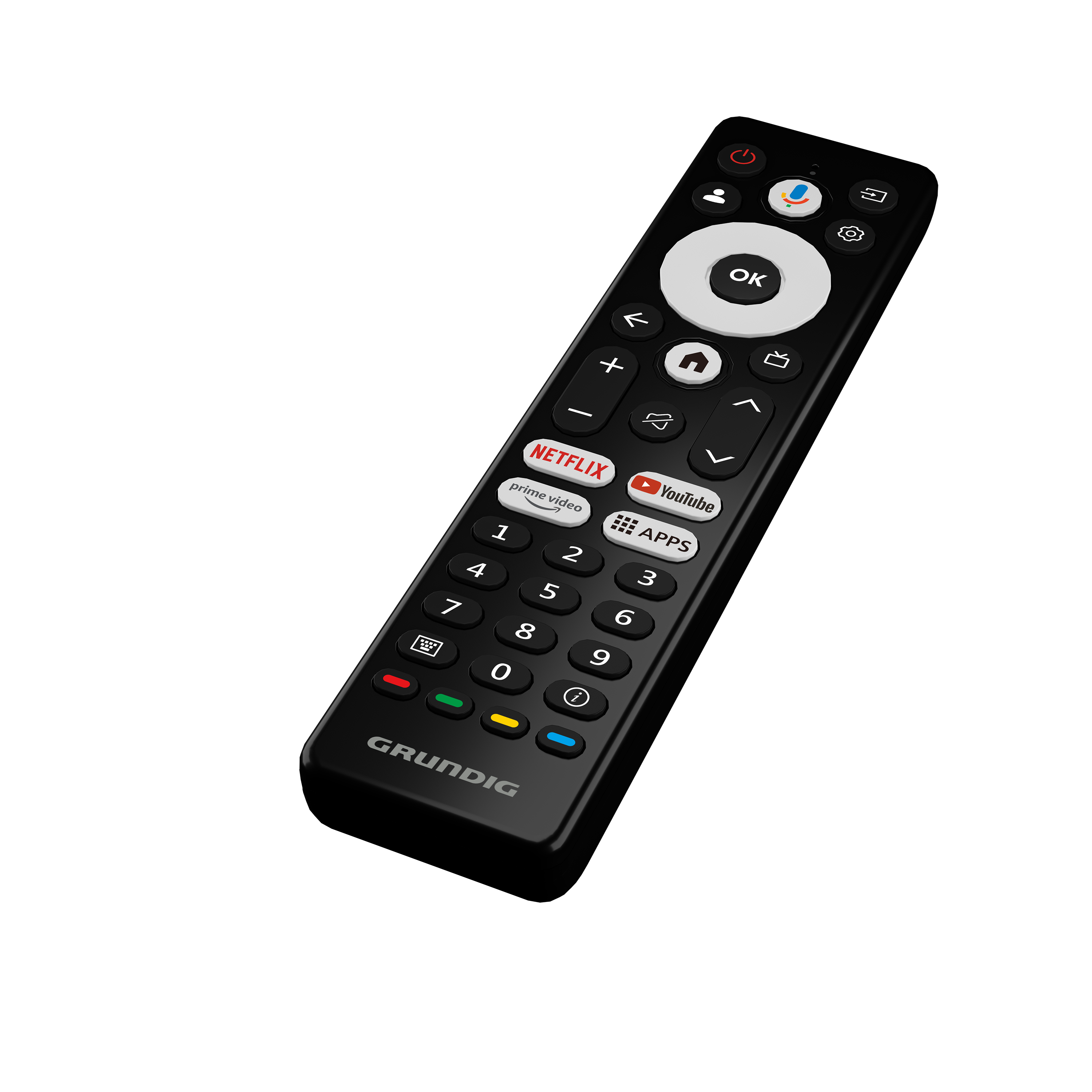Siyah bir Grundig uzaktan kumandası, Netflix, YouTube ve sayı tuşları dahil birçok düğmeyle.