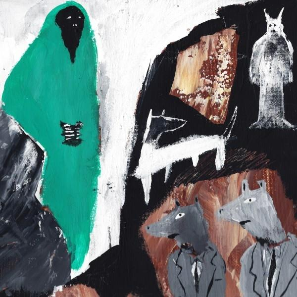 Abstrakte Kunst von Menschen mit Tierköpfen. Eine Person in grüner Robe.