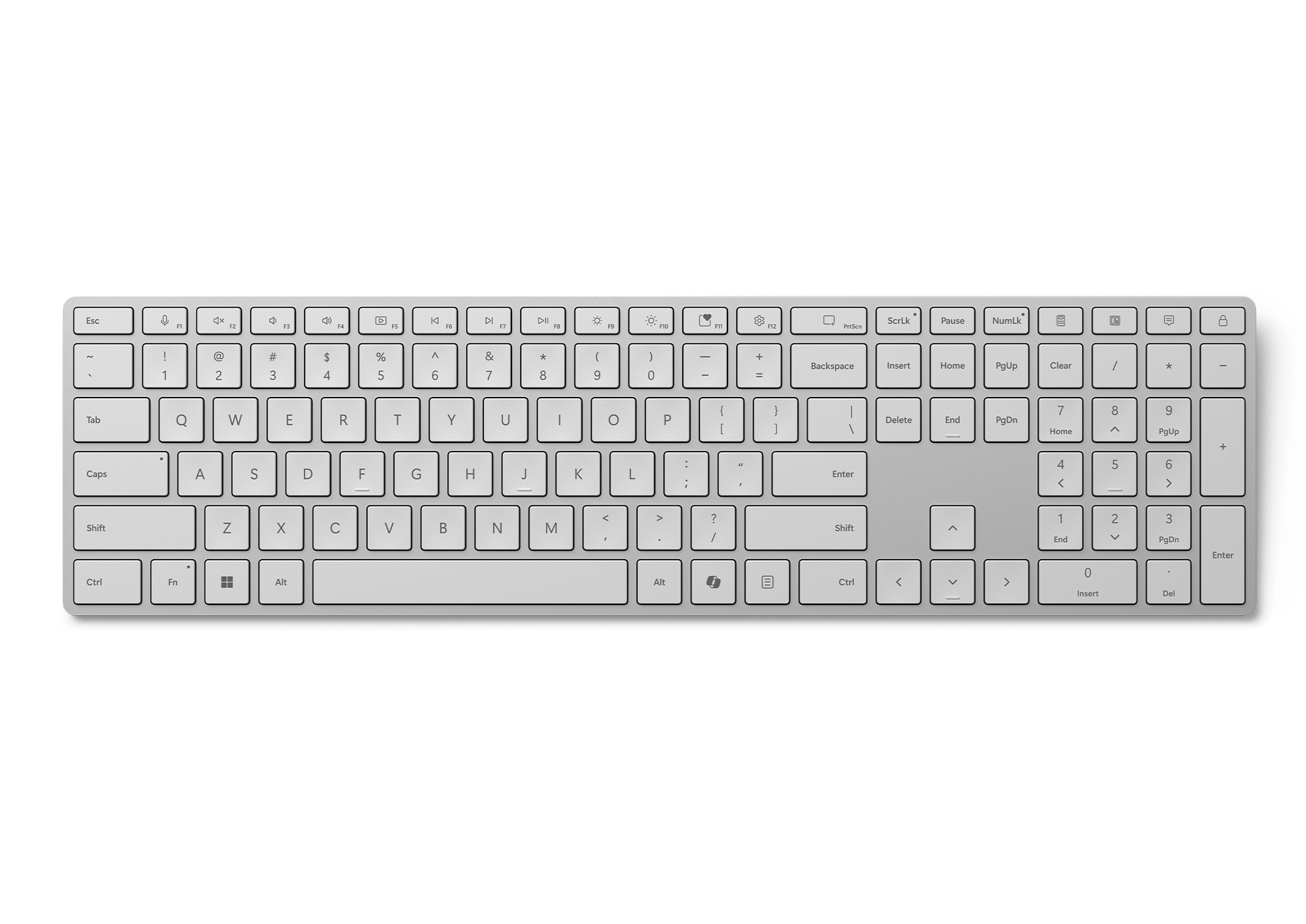 Eine silberne Tastatur mit hellgrauen Tasten auf weißem Hintergrund.