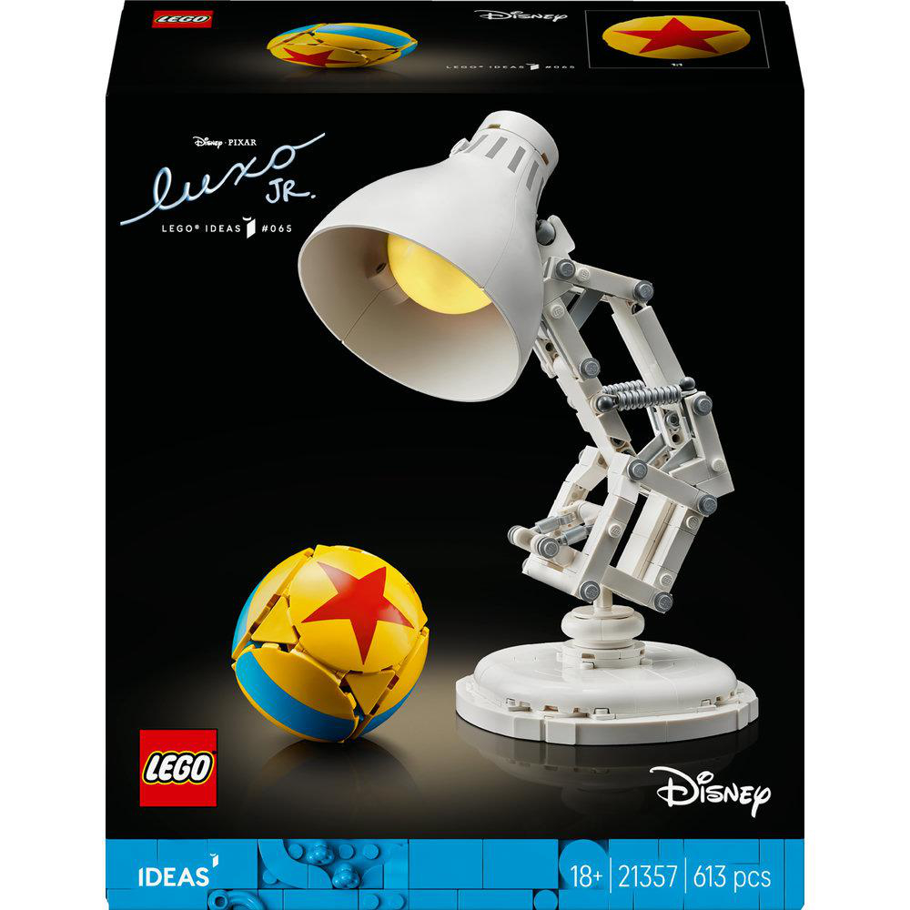 LEGO Ideas Luxo Jr. Lampenset mit Ball. Weiße Lampe, Ball mit Stern, schwarzer Hintergrund, Disney Logo.