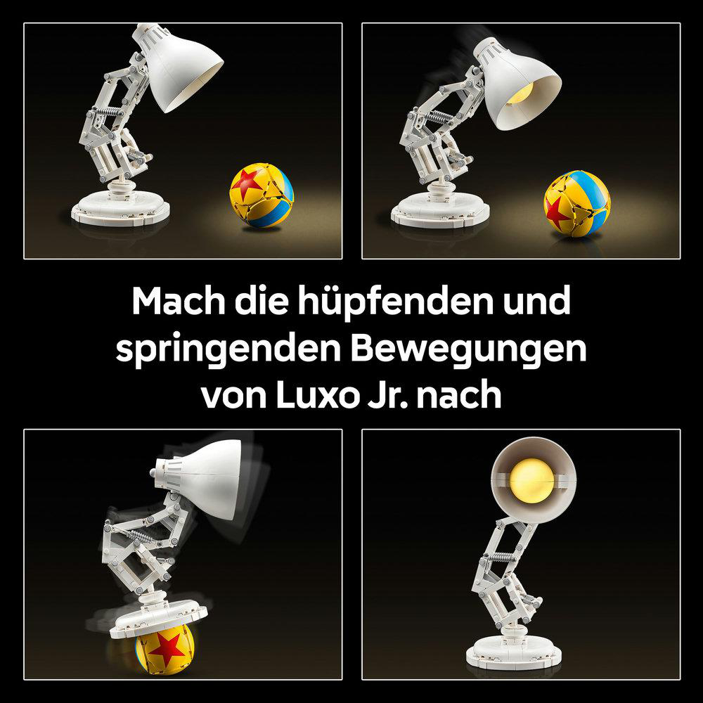 Vier Bilder von Luxo Jr. Lampe und Pixar-Ball. Lampe bewegt sich und Ball springt. Weiße Lampe, gelbe Birne.