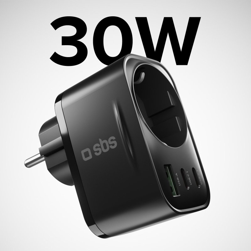 Czarny adapter z wtyczką i portami ładowania. Widoczne porty USB-A i USB-C. Nadruk 30W.