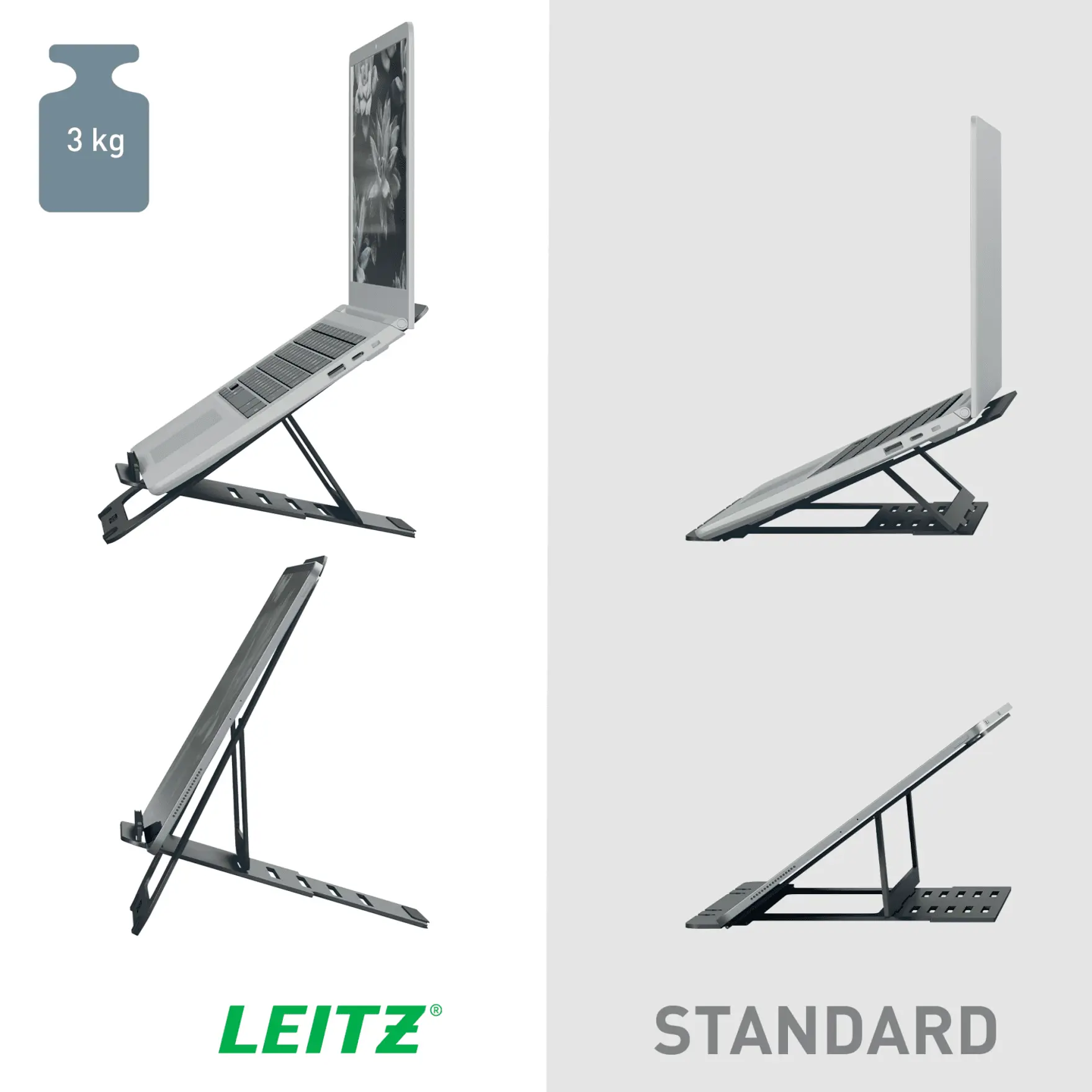 Laptop állvány több nézetben: szögben, oldalról és elölről. Leitz és Standard logók láthatók.