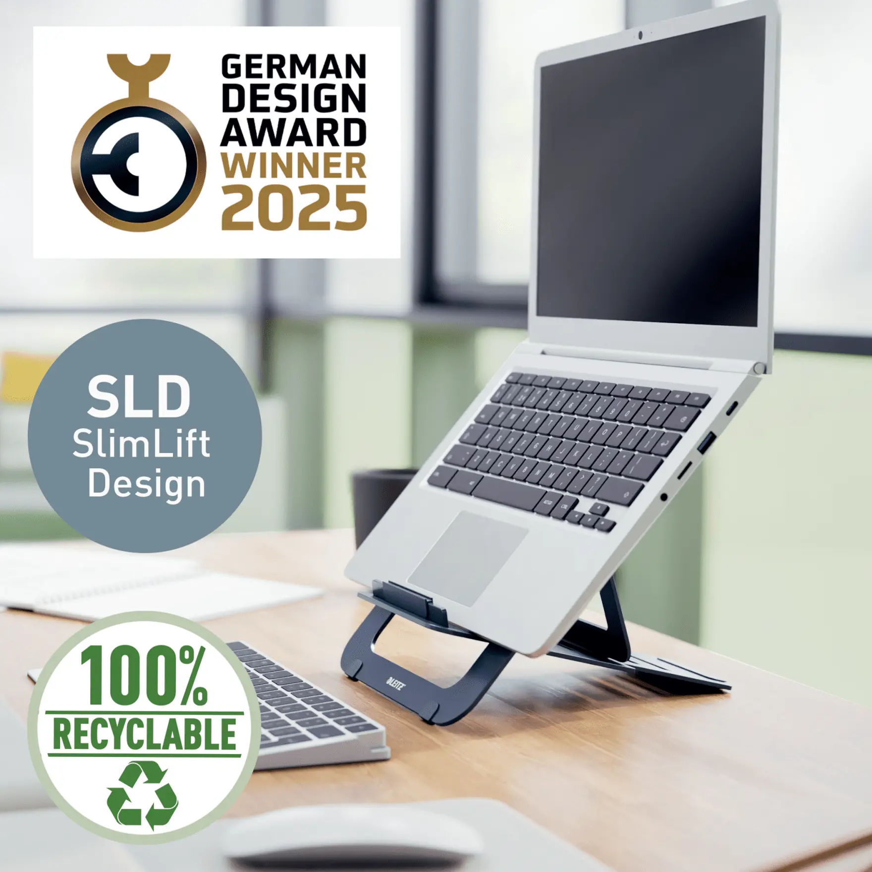 Laptop egy Leitz állványon. 'SLD SlimLift Design'. Újrahasznosítható logó. Díjnyertes 2025.