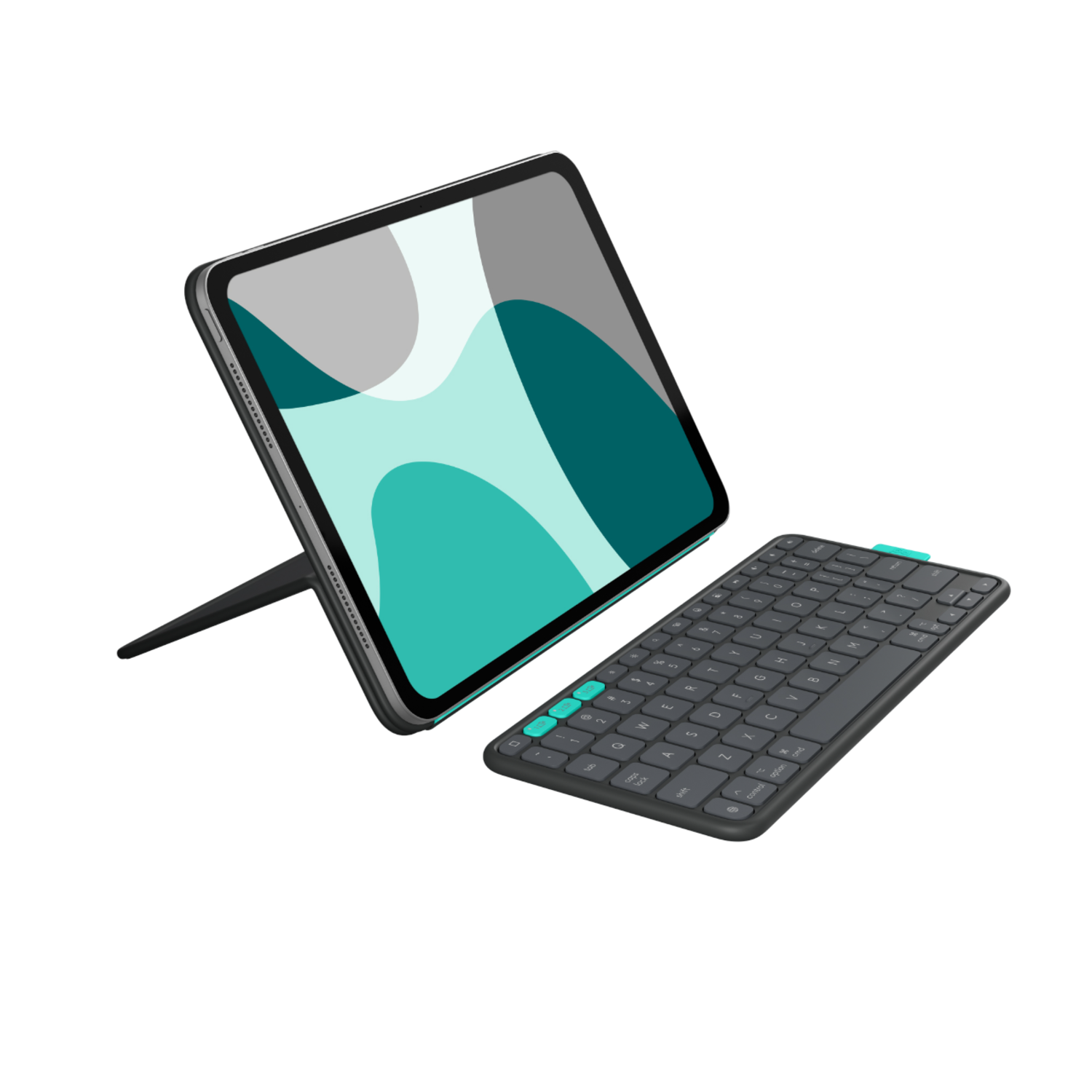 Tablet in zwarte hoes met losgekoppeld toetsenbord, beide op donkere achtergrond.