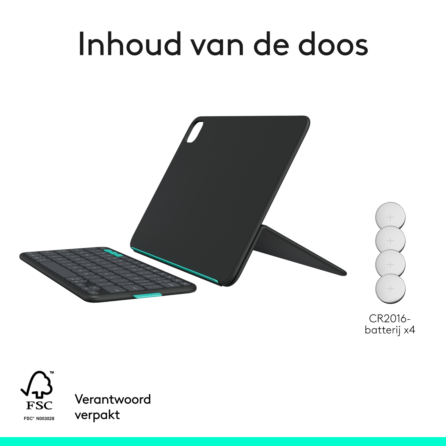 Een tablet met toetsenbord en standaard. Een doosje batterijen staat ernaast.
