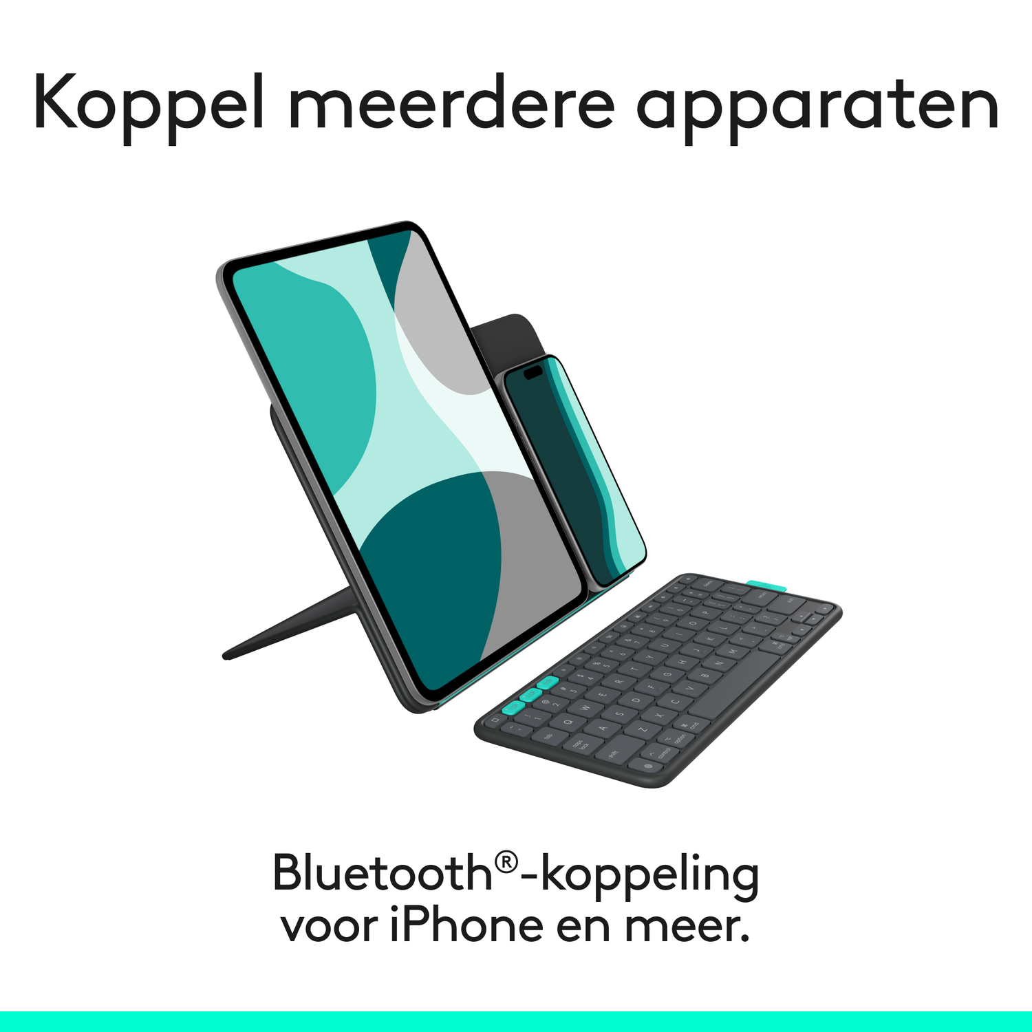 Tablet en telefoon op standaard met toetsenbord. Bluetooth-verbinding wordt getoond.