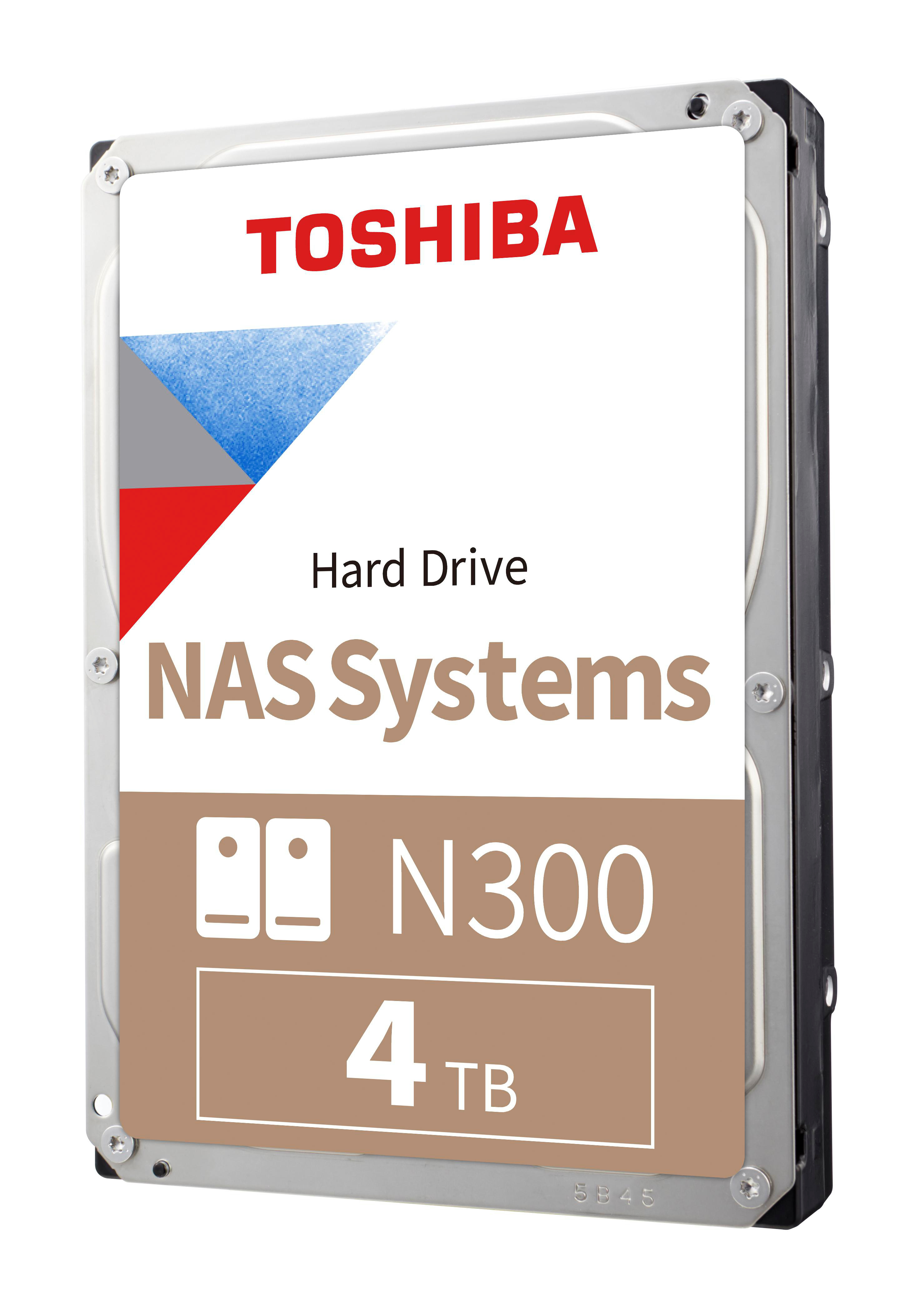 Toshiba Festplatte. NAS Systems, N300, 4 TB. Silber und Beige mit Rot und Blau.