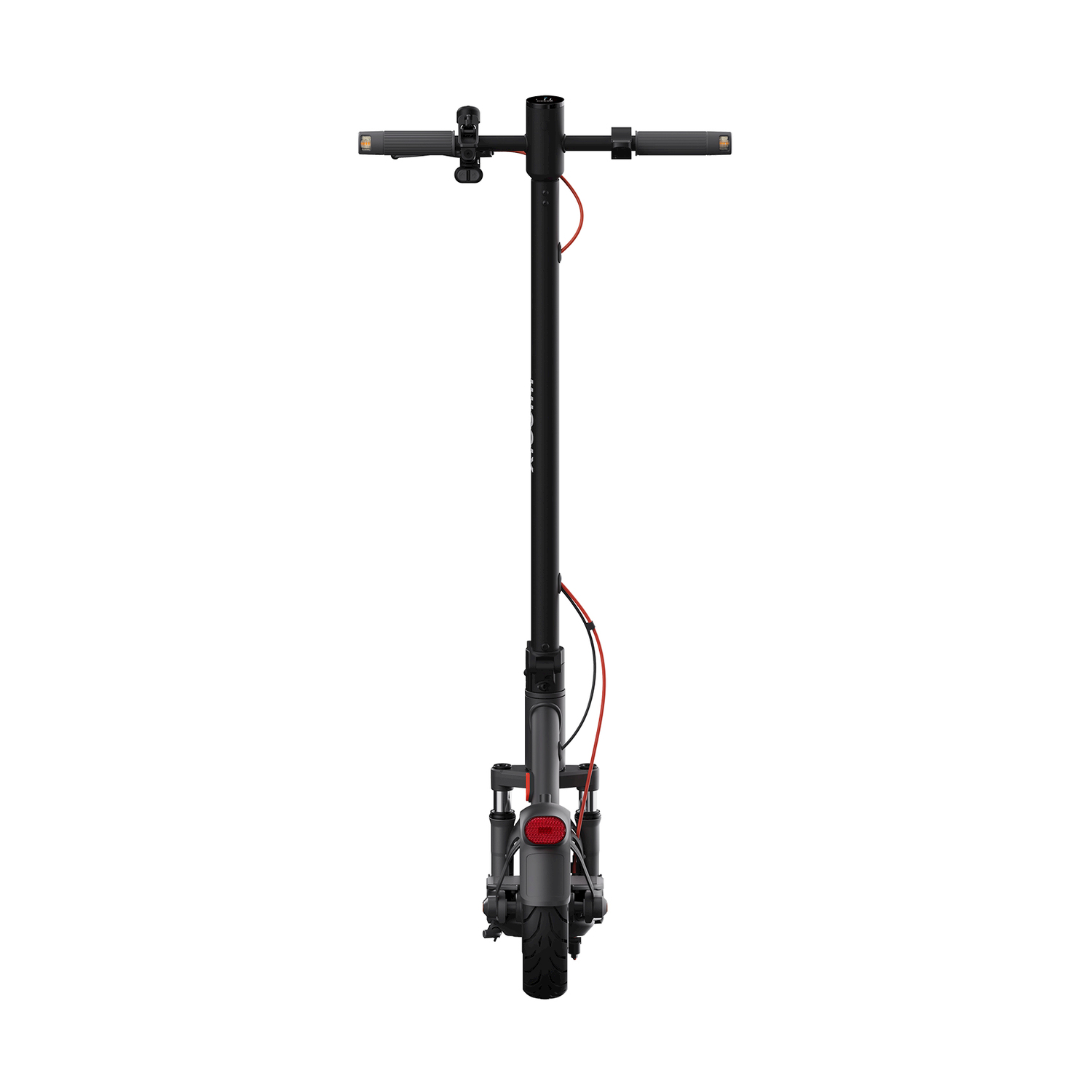 Scooter elettrico nero, vista frontale, sfondo bianco.