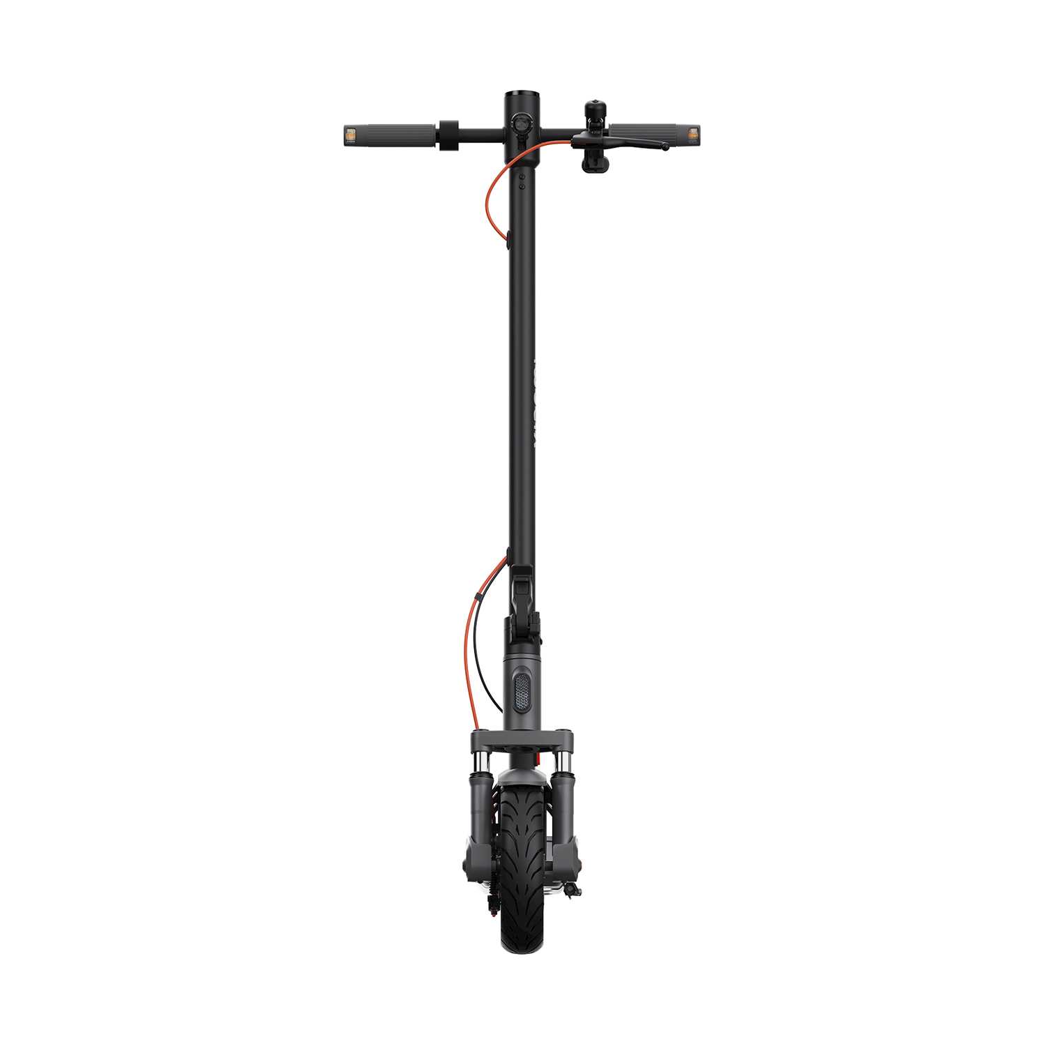 Scooter elettrico nero, vista frontale, sfondo bianco.