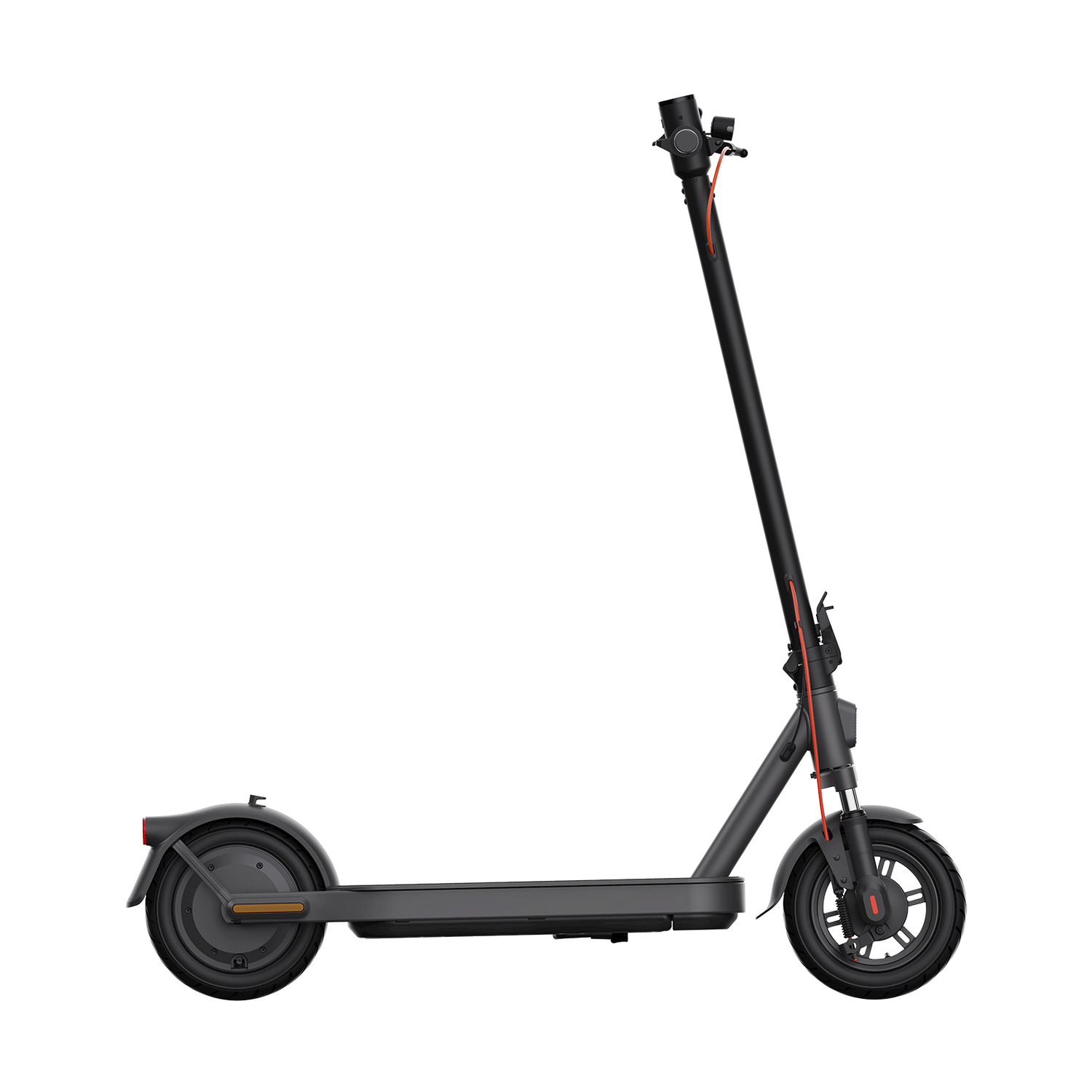 Scooter elettrico nero, vista laterale, sfondo bianco.