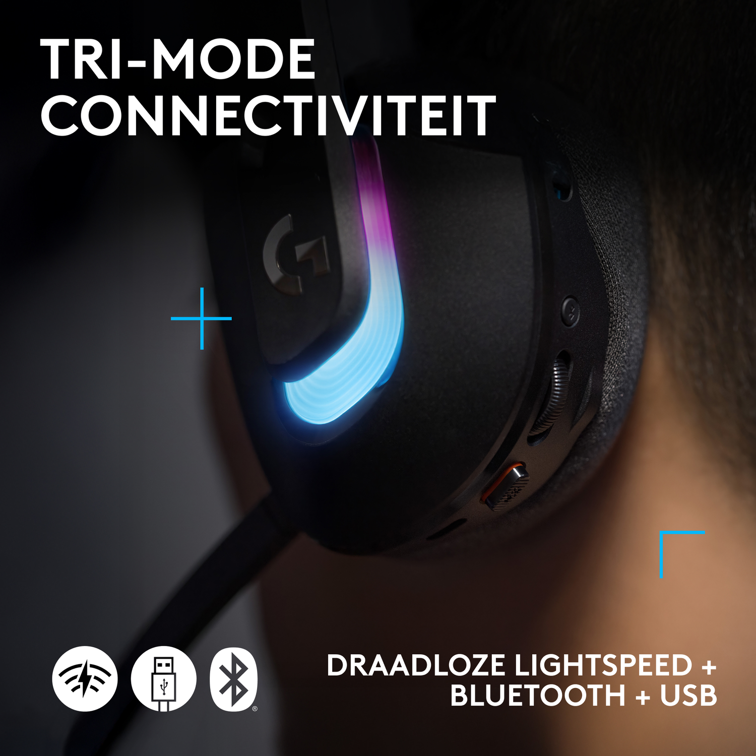 Close-up of a black and purple headset. It shows the controls and connectivity options.