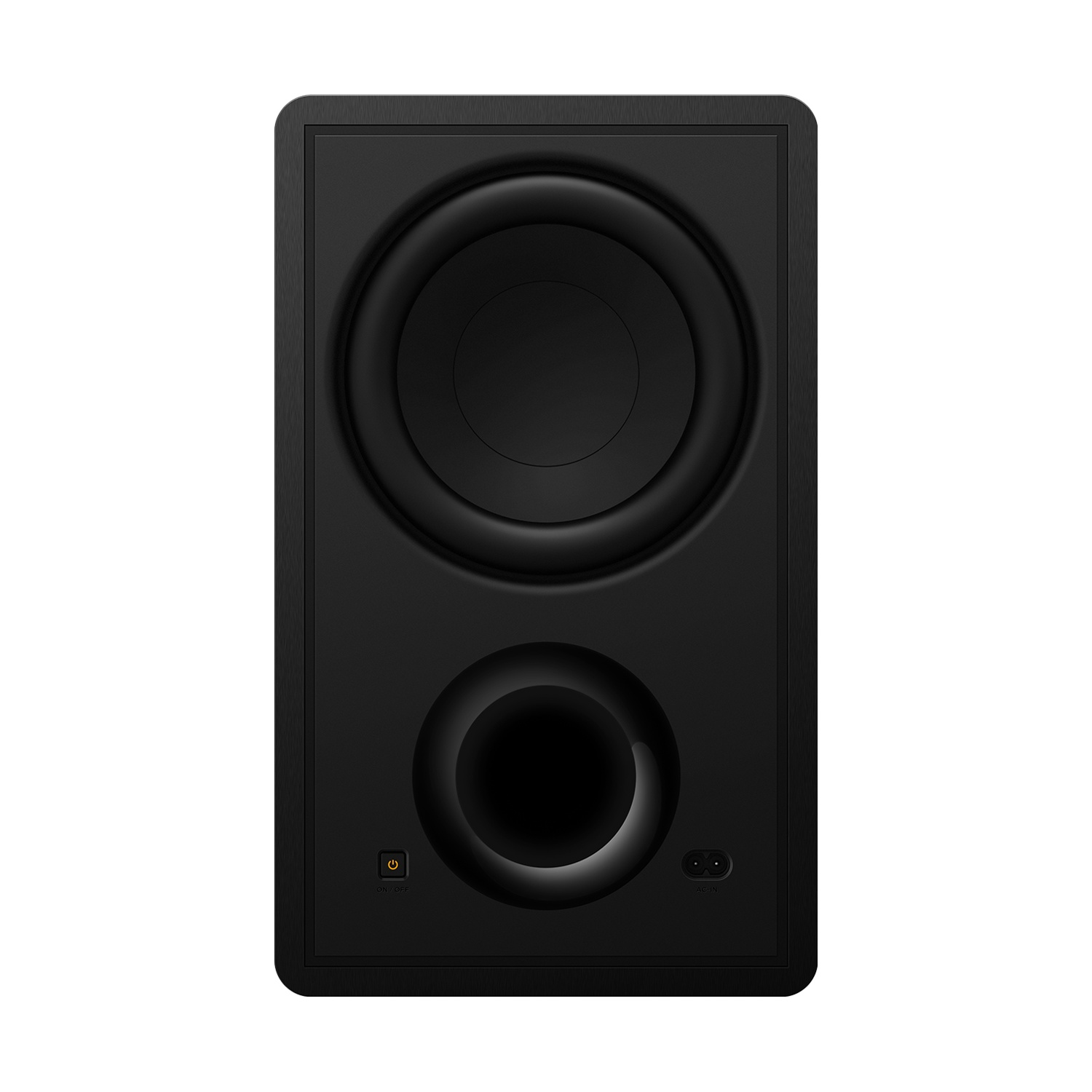 Vista posteriore di un subwoofer TCL nero. Mostra un pulsante di accensione e porte.