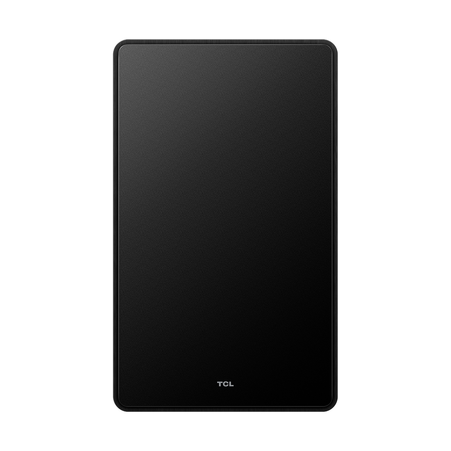 Subwoofer TCL nero, vista frontale. La parte anteriore è una superficie nera solida.