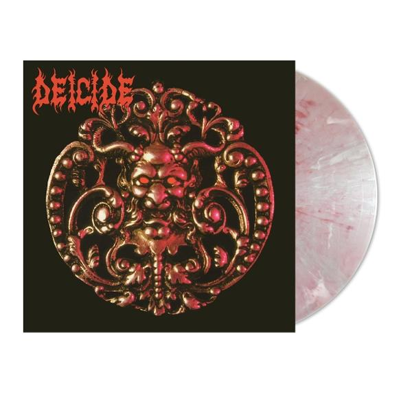 Albumcover mit Dämongesicht, Vinyl-Schallplatte rechts. Text ist vorhanden.