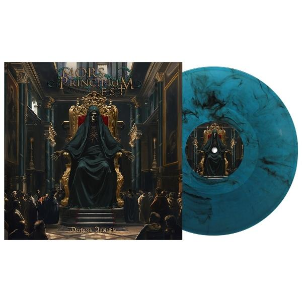Albumcover: Sensenmann auf Thron, Menschenmenge und eine blaue Schallplatte mit schwarzen Wirbeln.