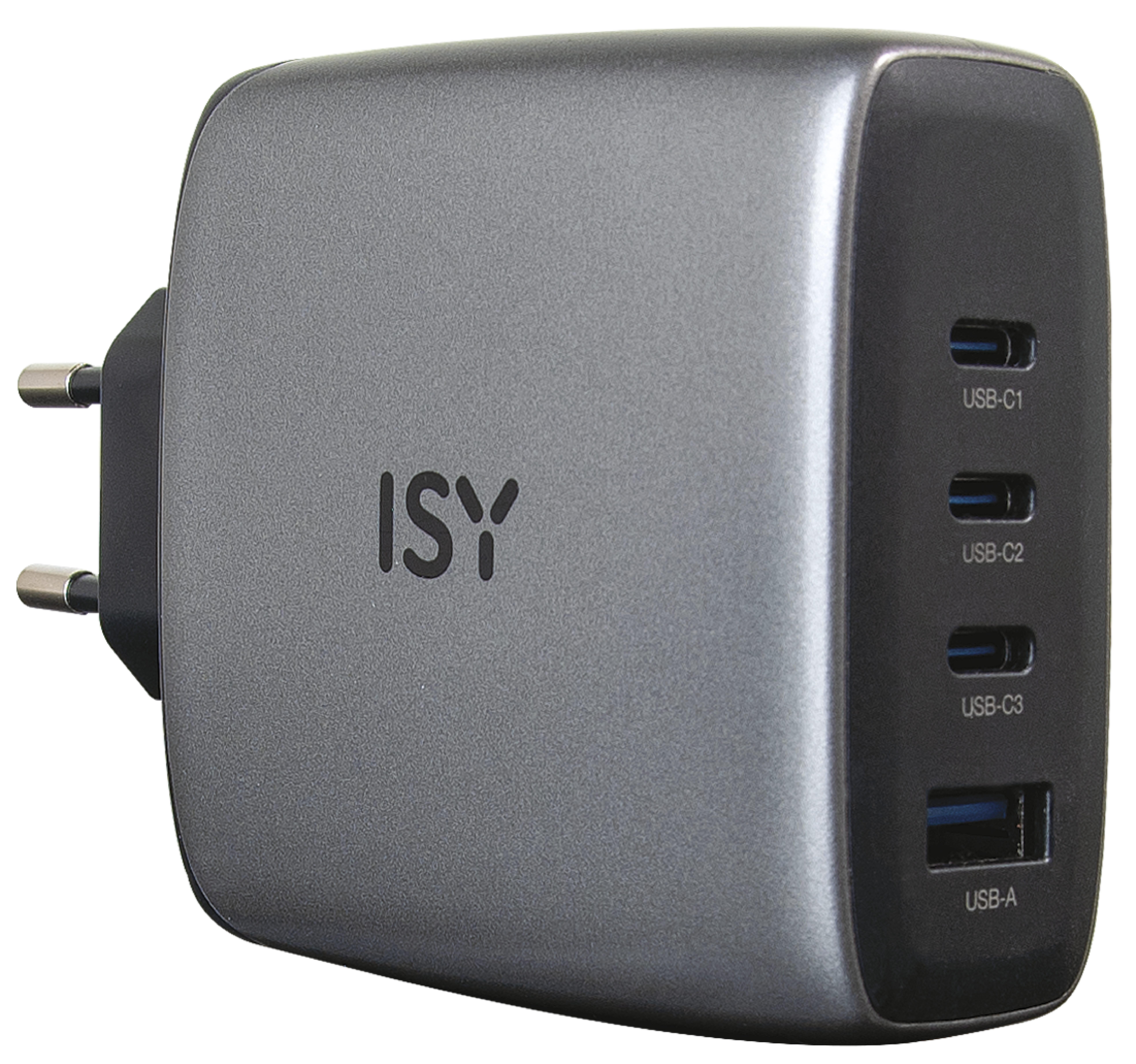 Srebrna ładowarka ISY z portami USB-C i USB-A.