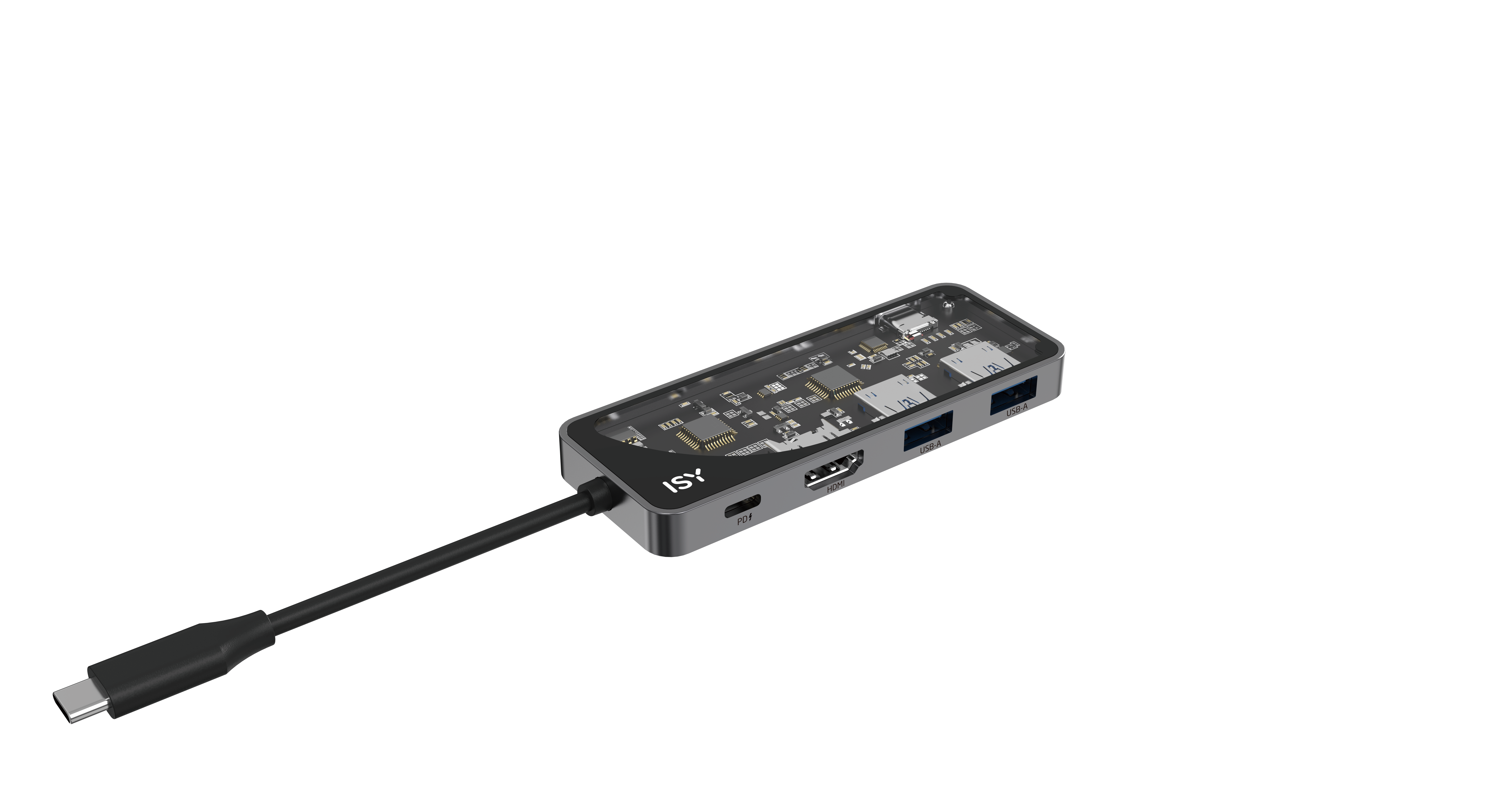 Hub USB-C z wieloma portami, czarny kabel, na czarnym tle.