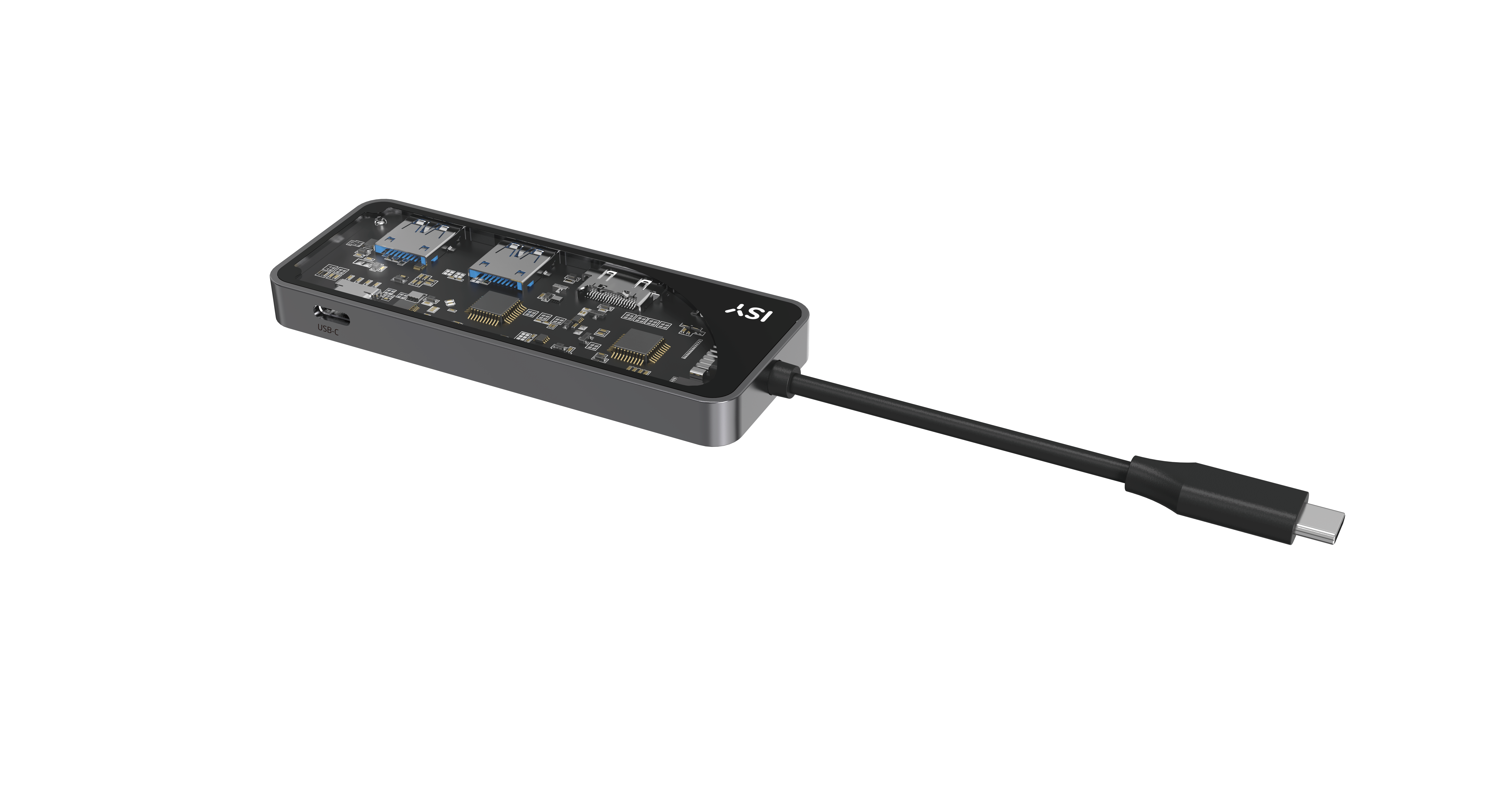 Hub USB-C z wieloma portami, czarny kabel, na czarnym tle.