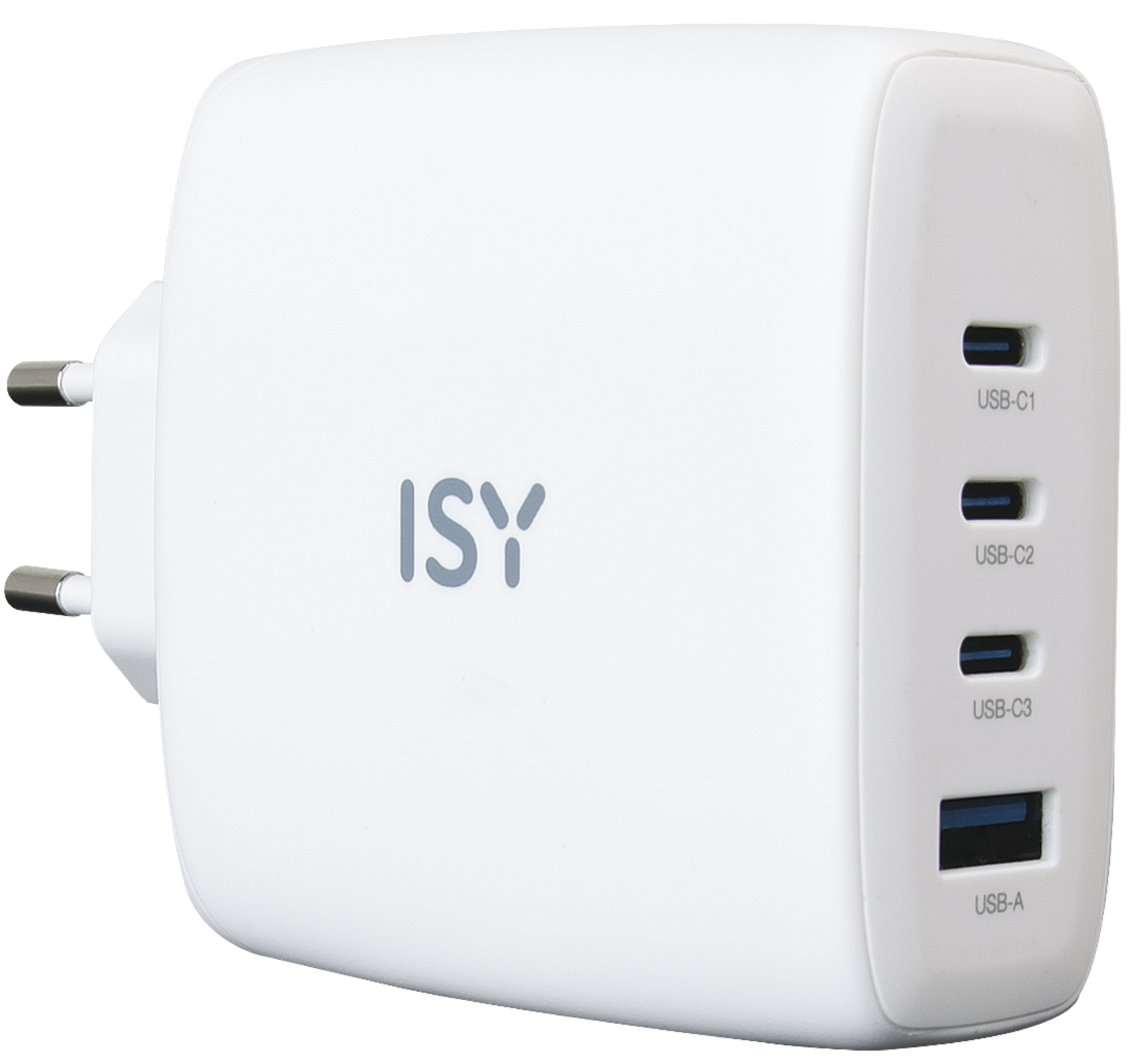 Biała ładowarka ISY z portami USB, widok z góry, na białym tle.