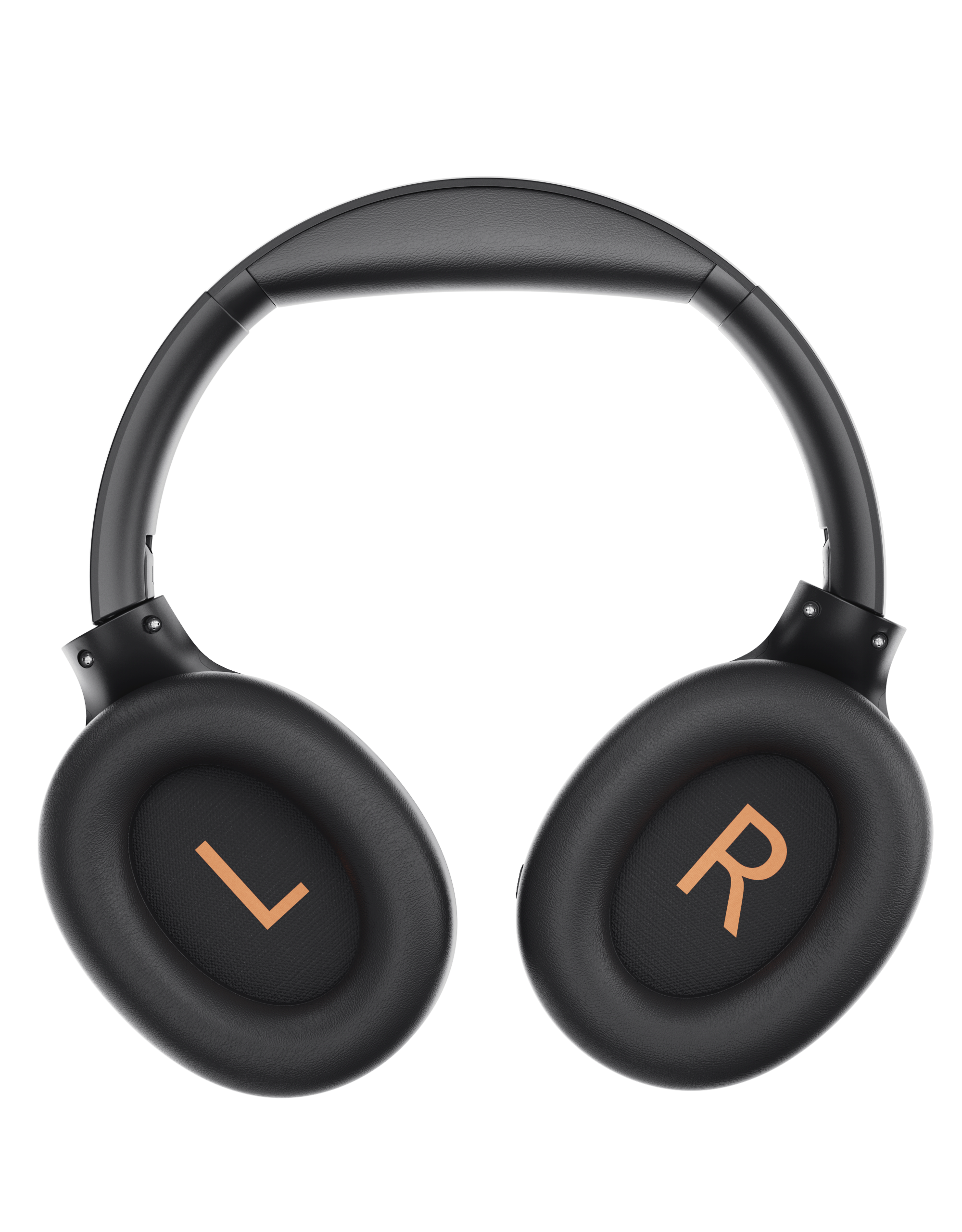 Czarne słuchawki z brązowym L i R na nausznikach. Czarny pałąk.