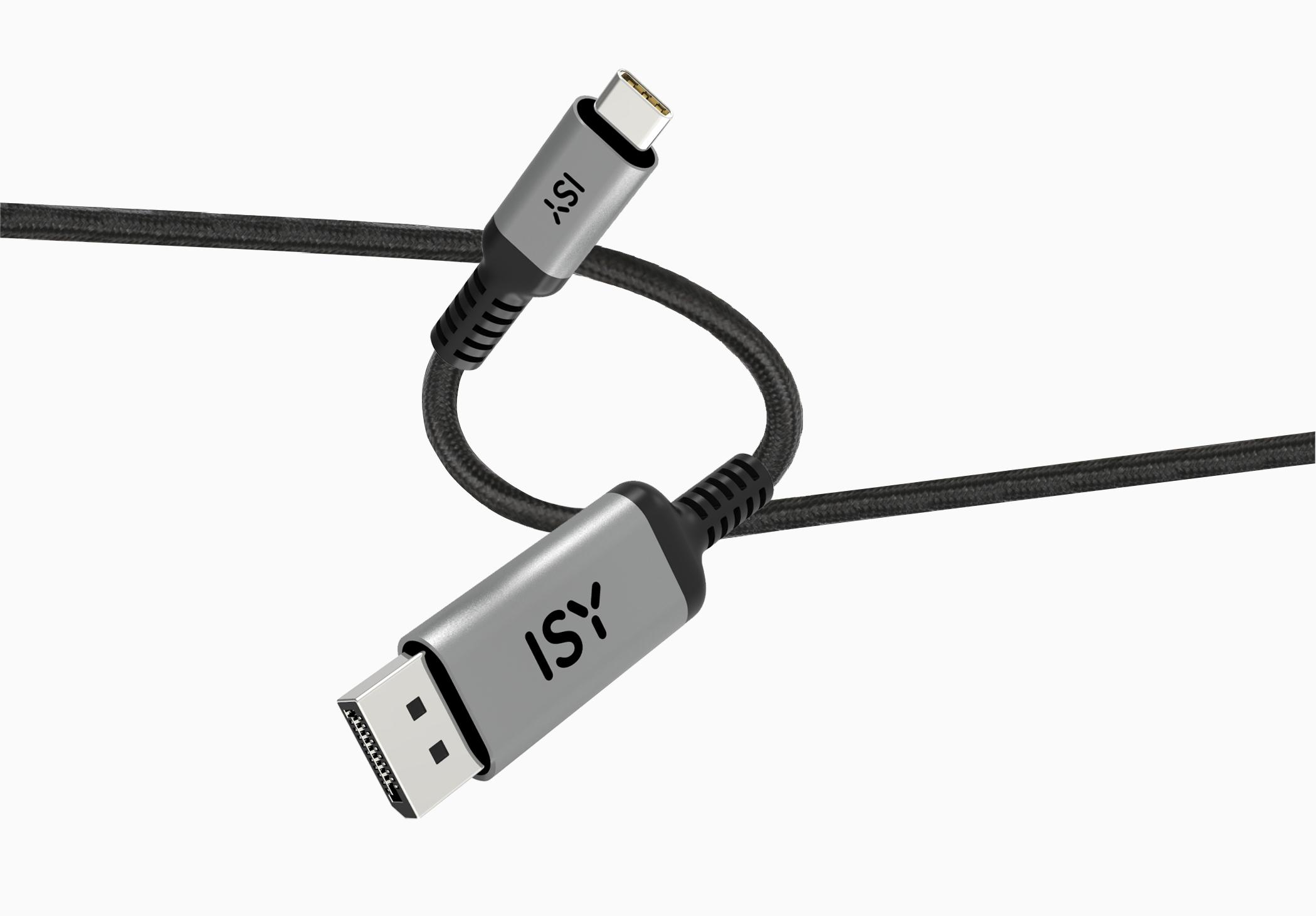 Czarny i szary kabel USB-C do DisplayPort. Złącza z etykietą ISY.