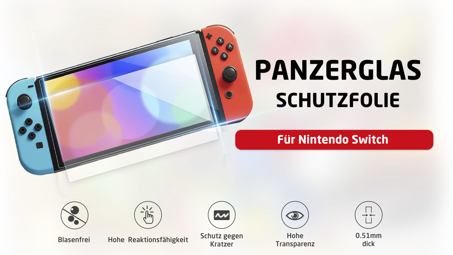 Nintendo Switch con protezione schermo. Testo: Panzerglas Schutzfolie. Sfondo nero, rosso e bianco.