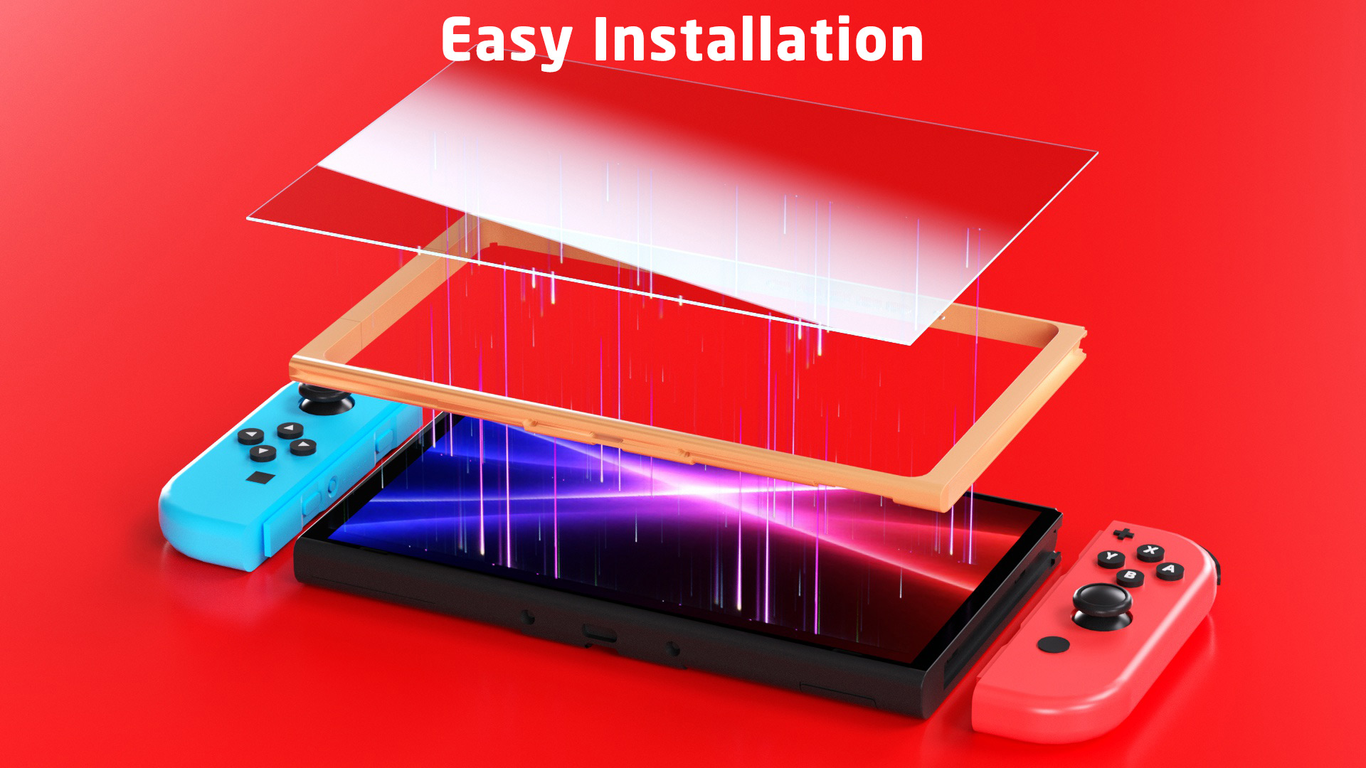 Nintendo Switch con protezione schermo. Testo: Installazione facile. Sfondo rosso.