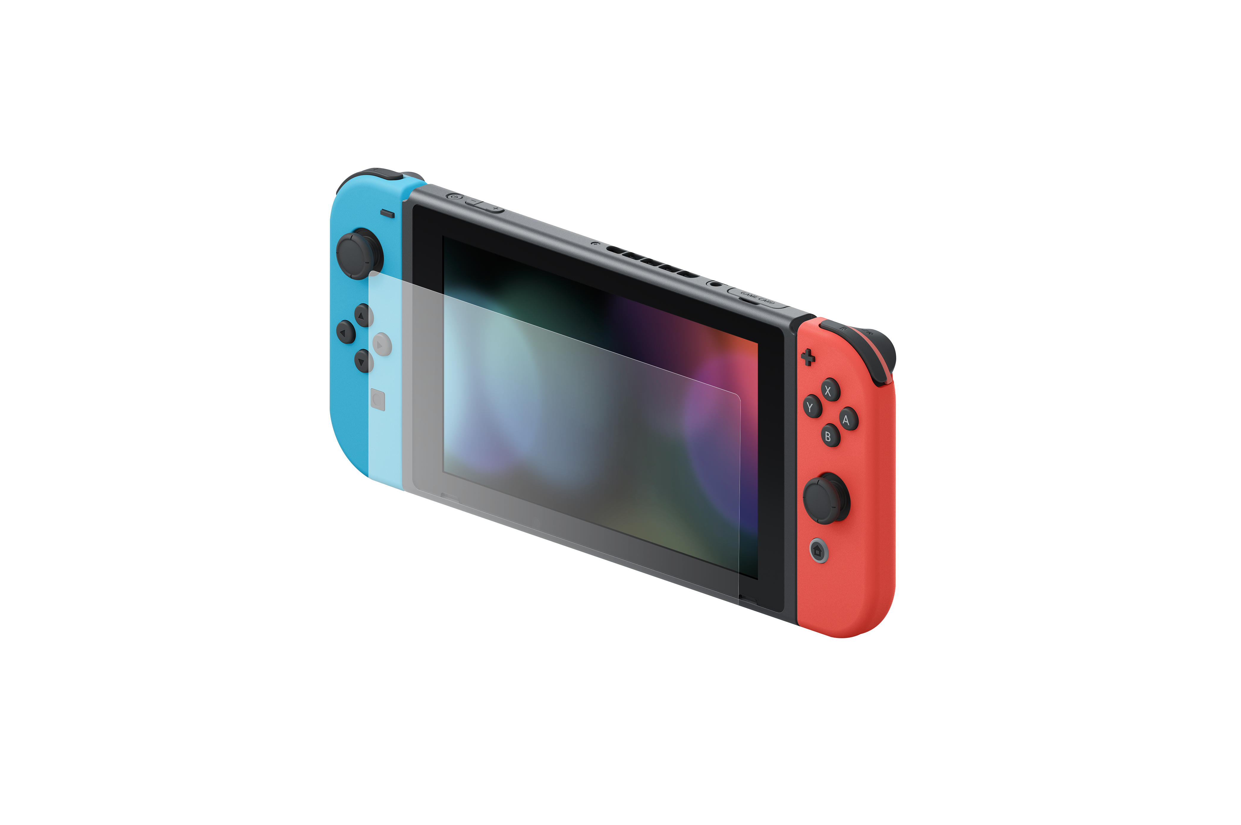 Nintendo Switch con controller blu/rossi. Un proteggi schermo è sullo schermo. Sfondo nero.
