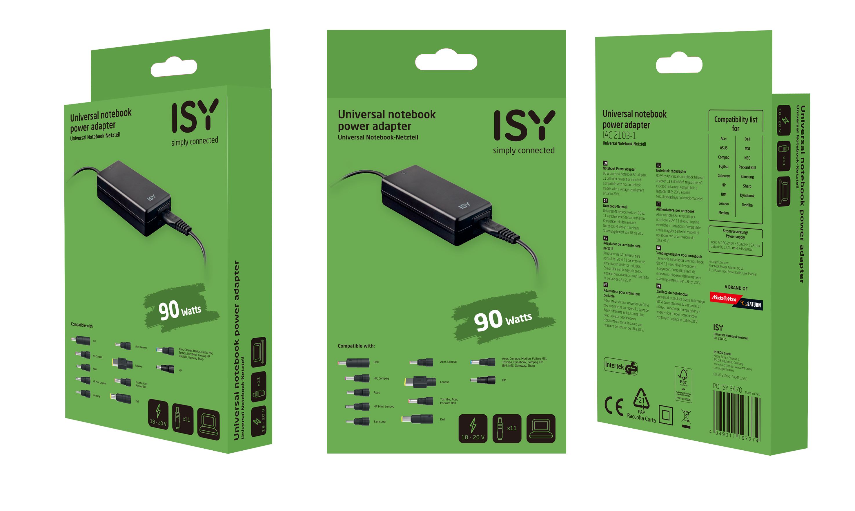 Pudełko z zasilaczem, z kilkoma obrazami na pudełku. Zielone tło.