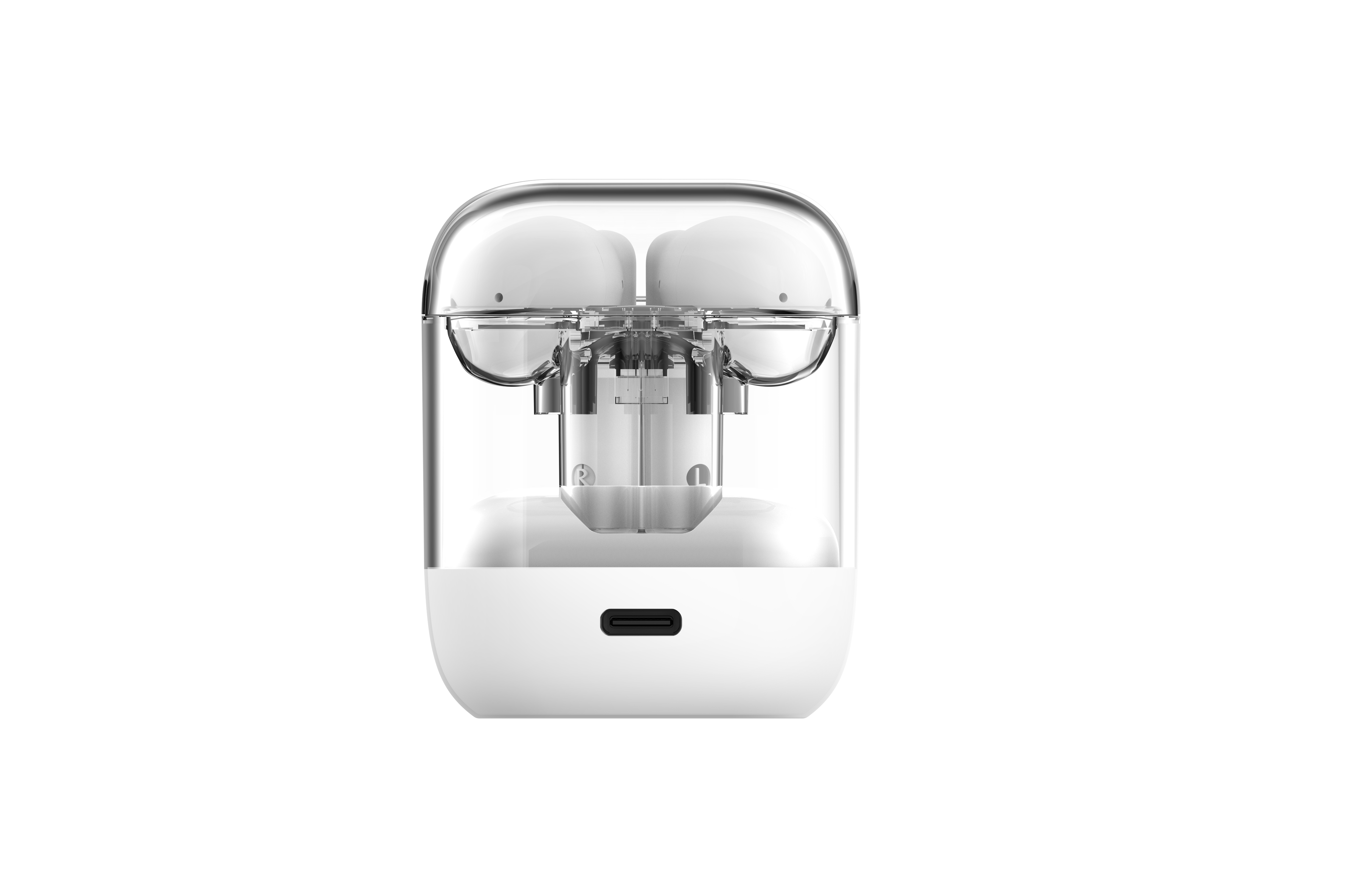 Écouteurs blancs dans un étui de chargement transparent. Port USB-C. Fond noir.