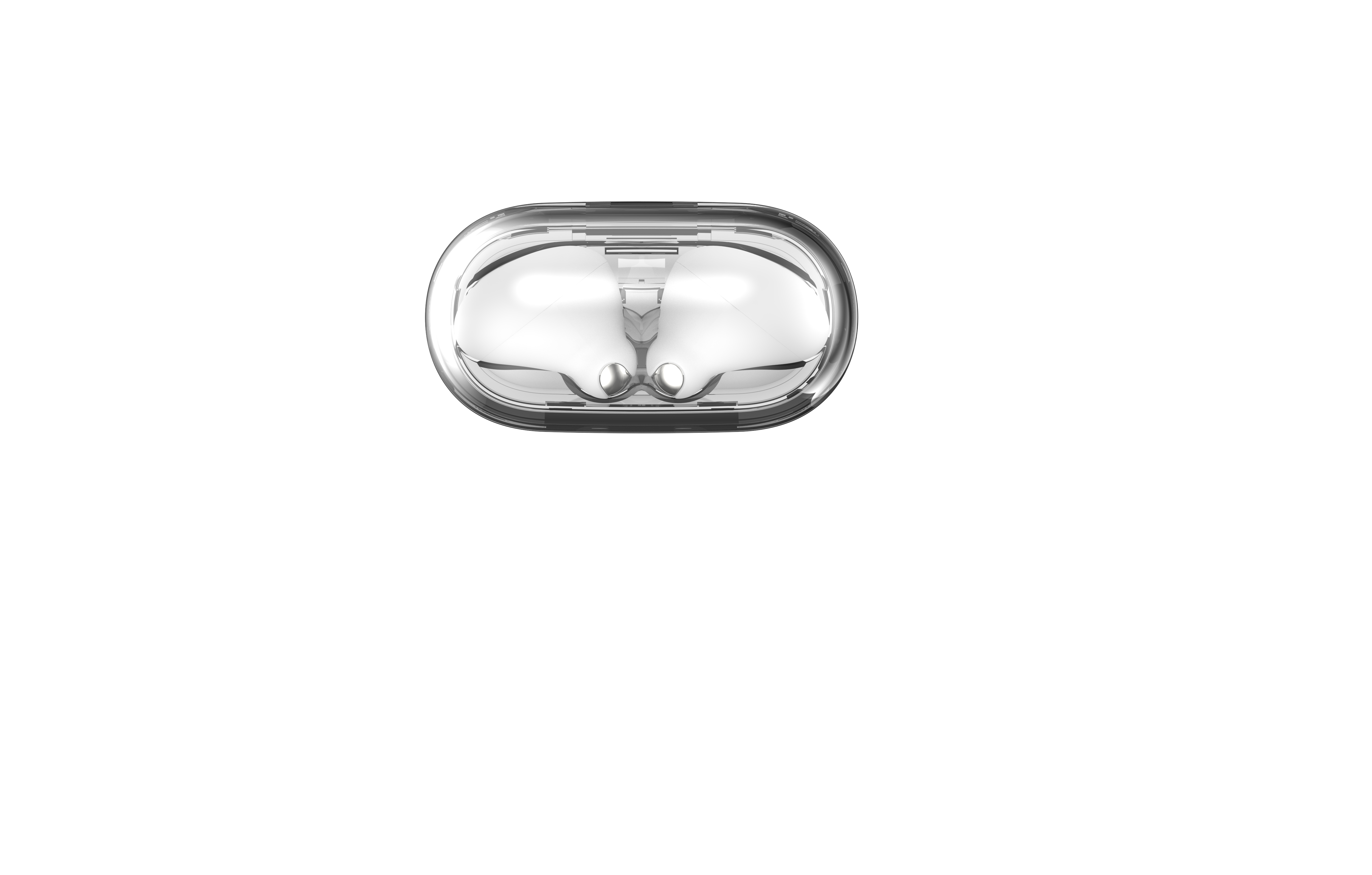 Étui transparent pour AirPods. Deux AirPods blancs à l'intérieur. Fond noir.